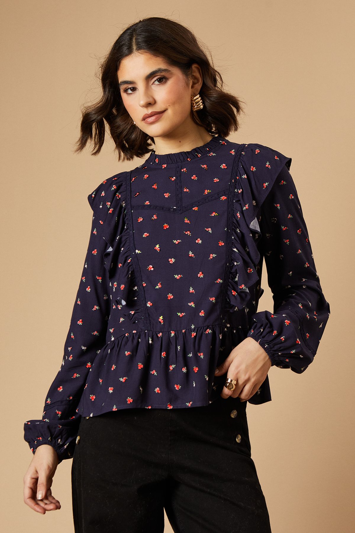 Oasis Womens Ditsy Printed Ruffle Lace Trim Top - Navy - Size 8 UK