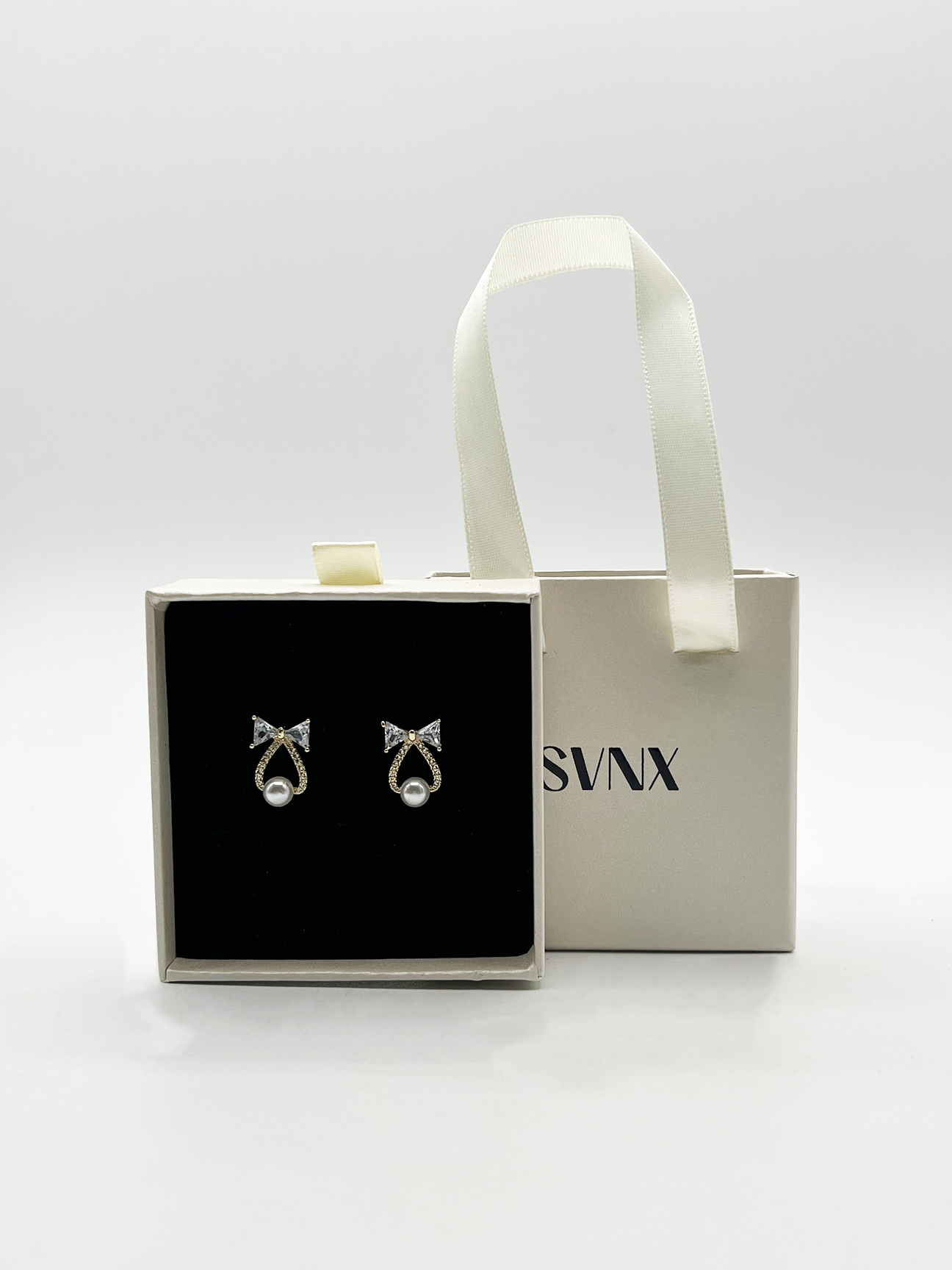 Svnx Women's Gold Studded Bow Earrings With Hanging Pearl In - Gift Boxed - Image 2