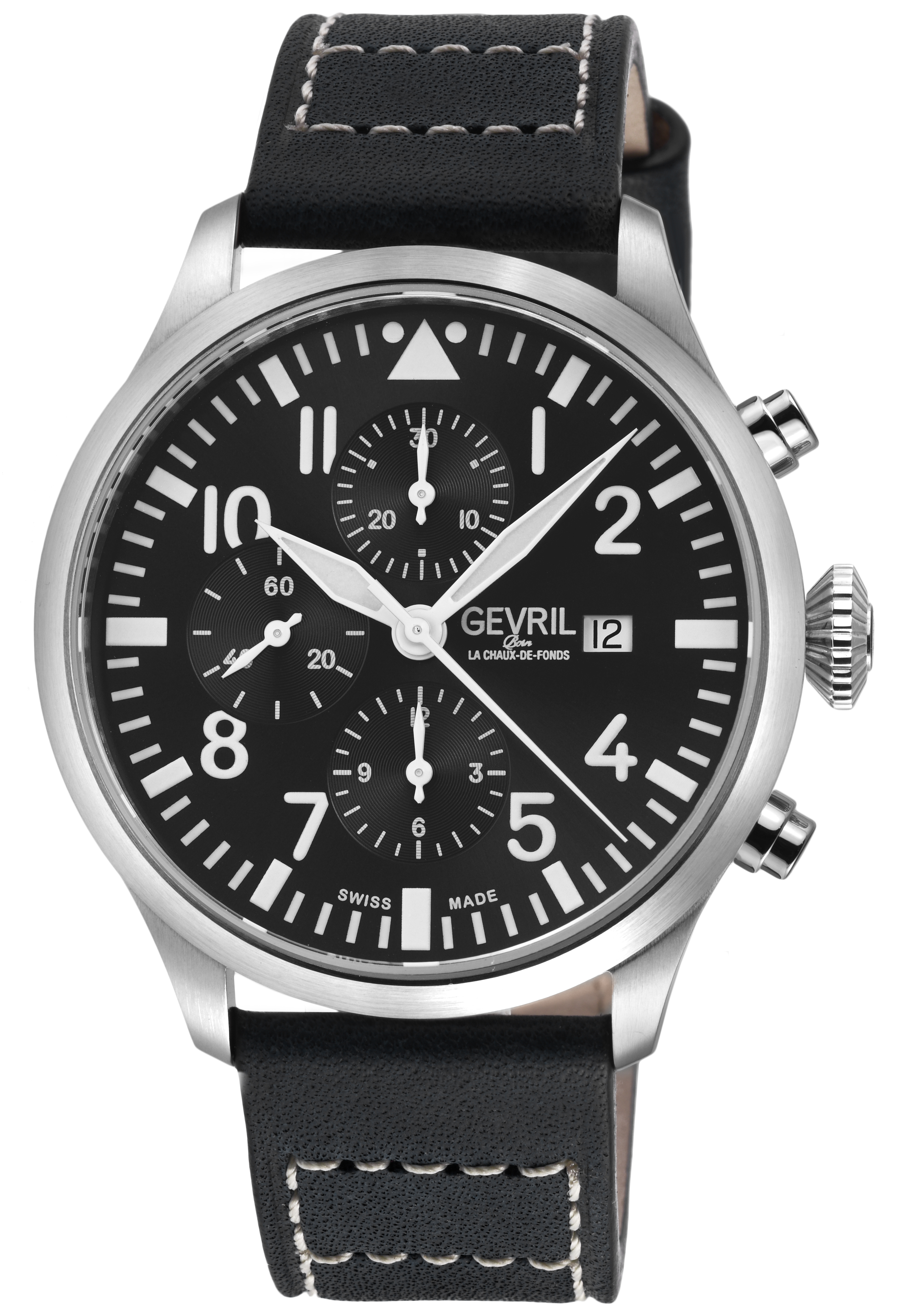 Gevril Mens Vaughn Chronograph Black Leather Swiss Automatic ETA 7750 Watch – One Size