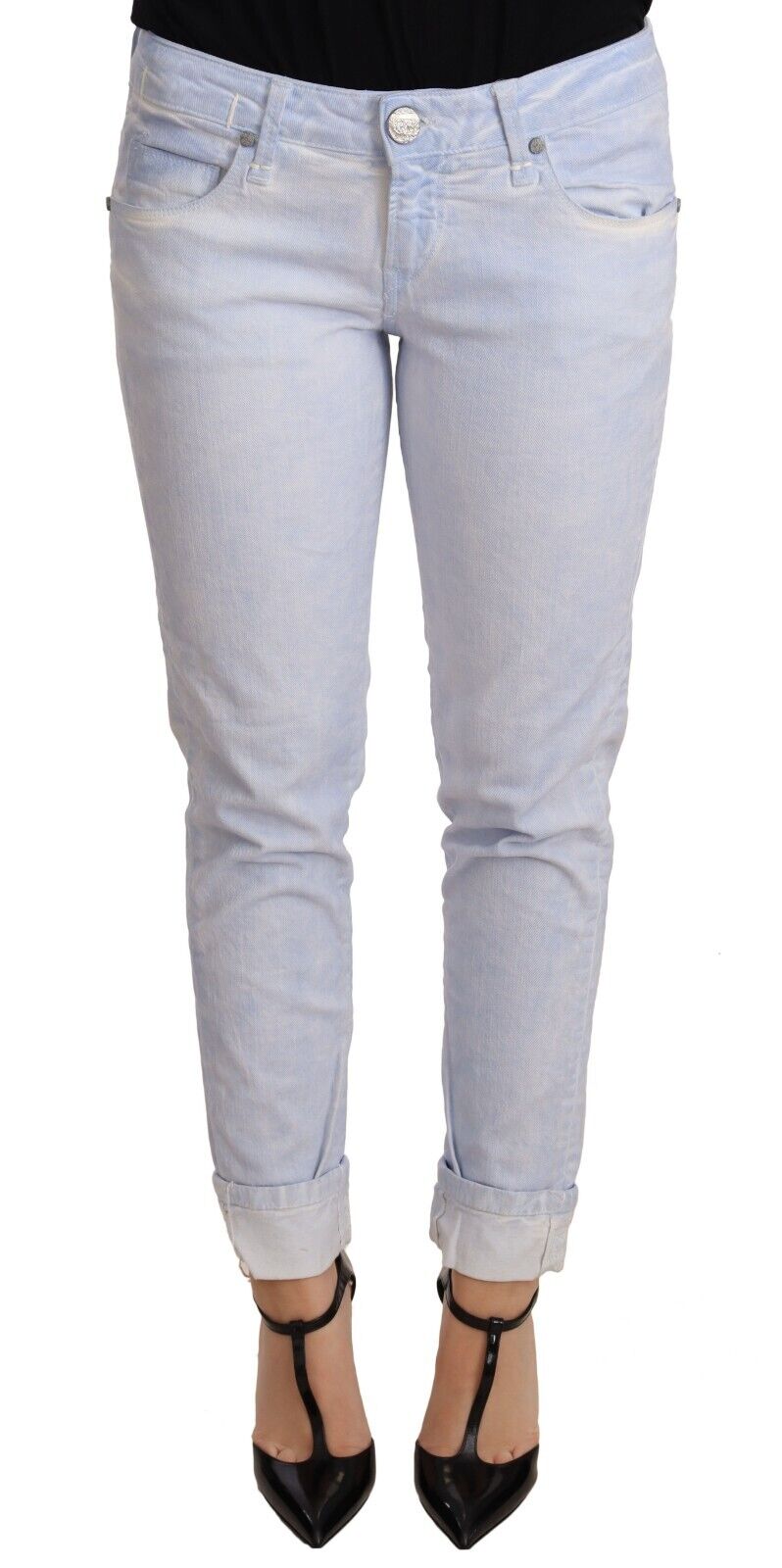 Thumbnail - Acht Hellblaue Baumwolle Gefalteter Saum Skinny Jeans