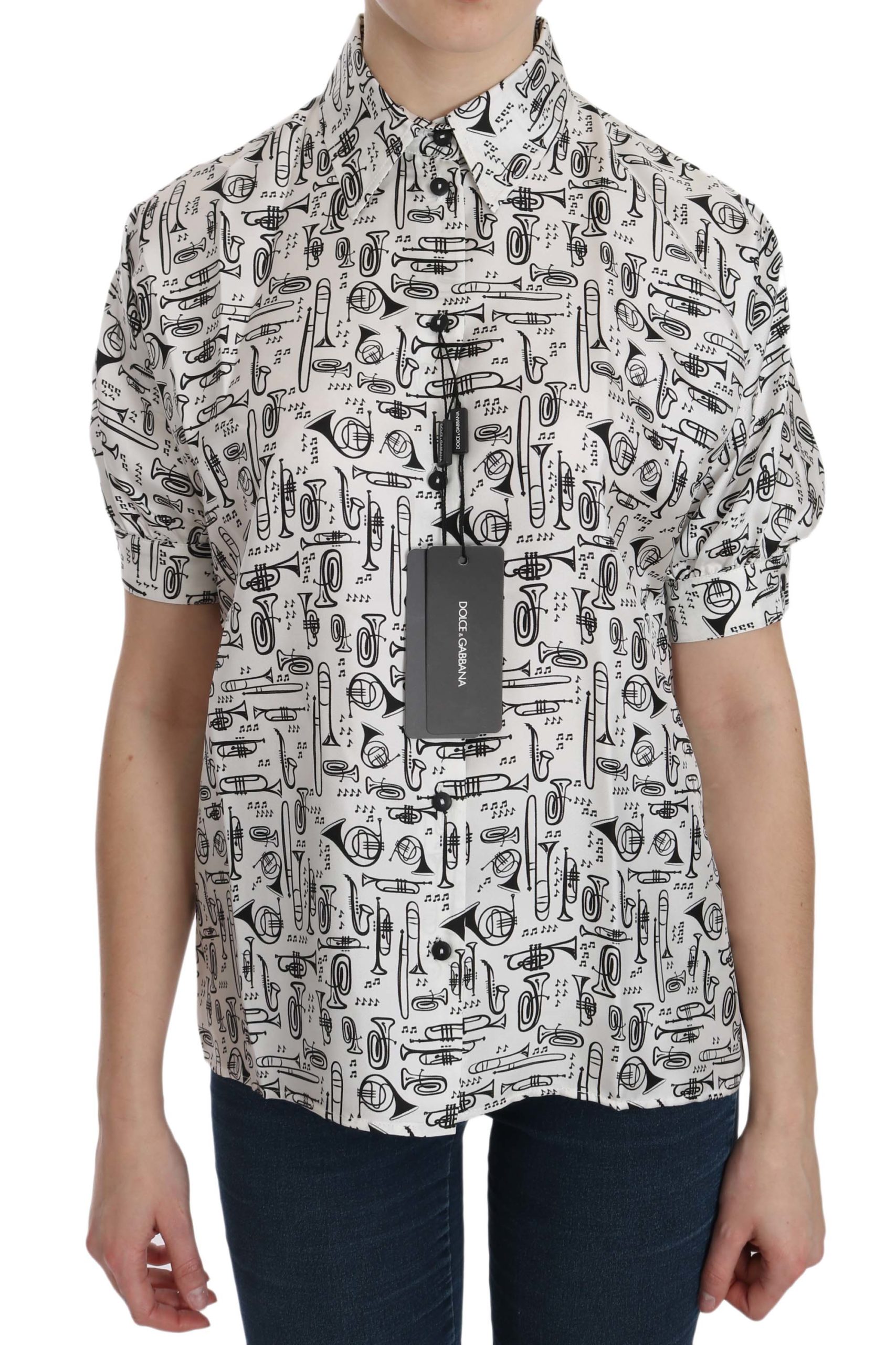 Thumbnail - Dolce & Gabbana Damen Bluse mit Musikinstrumenten-Motiv und Kragen in Weiß