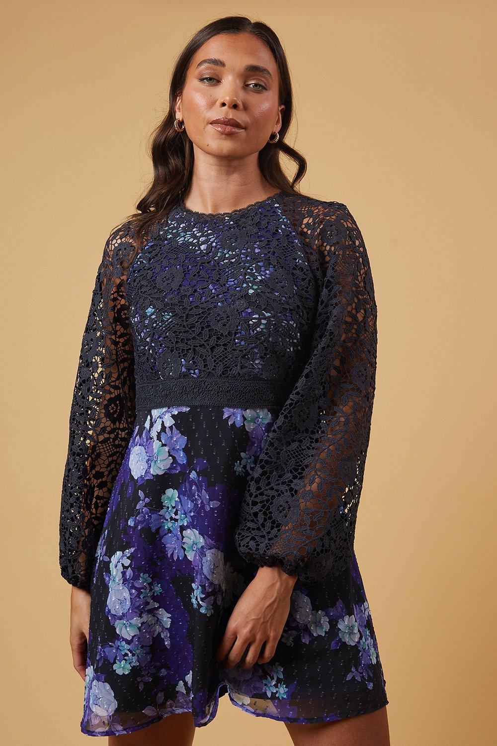 Oasis Womens Petite Occasion Floral Lace Bodice Mini Dress - Navy - Size 16 UK