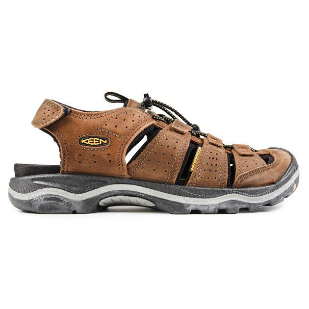 Mens brown Keen rialto sandals, manufactured with nylon and a rubber sole. Featuring: anatomical footbed, lace-lock bungee system and waterproof. premium leather upper.