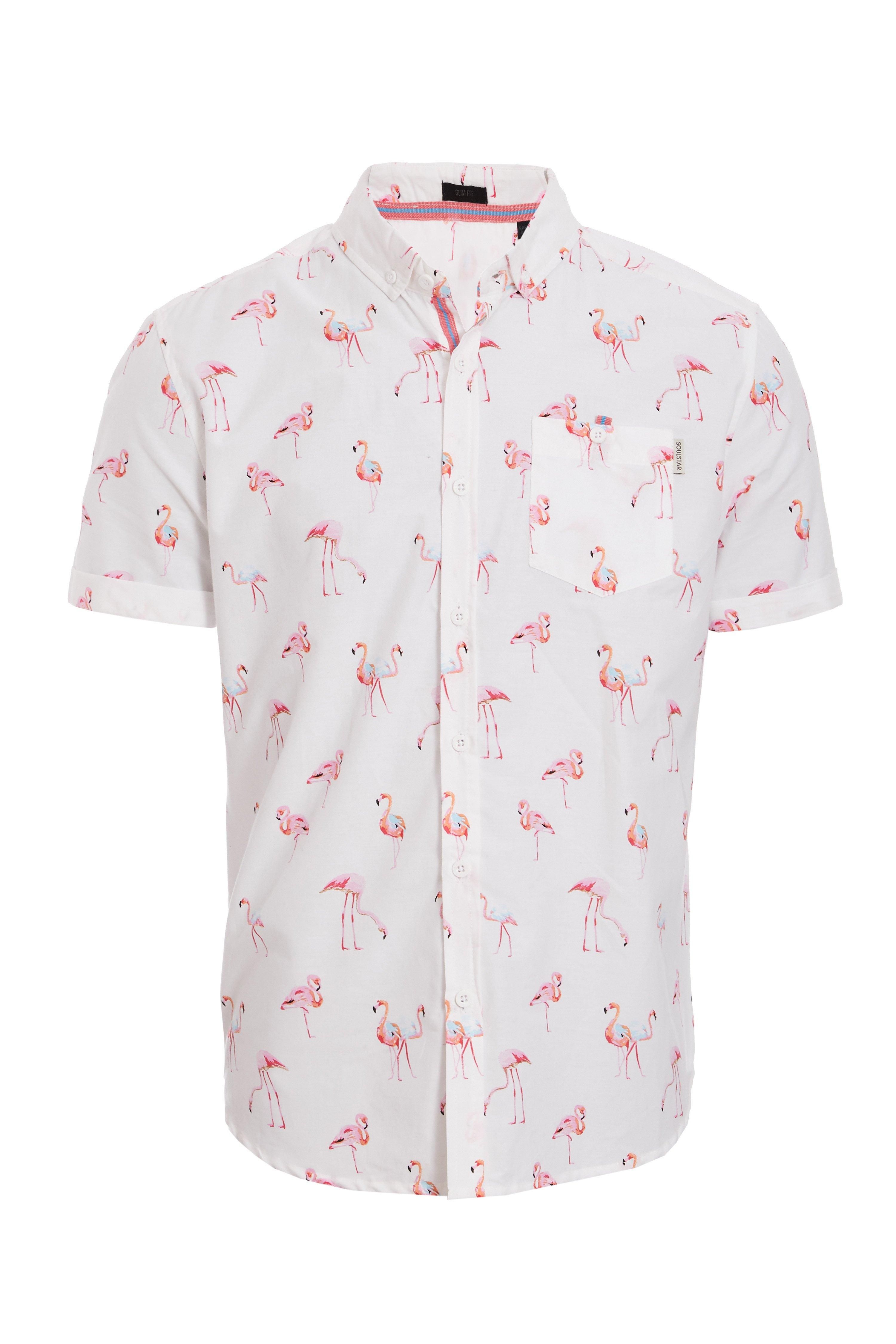 Slim Fit  	Classic Collar with Buttons  	Pink Flamingo Printed Design  	Short Sleeves  	White Buttob hrough Fastening  	Length 72cm