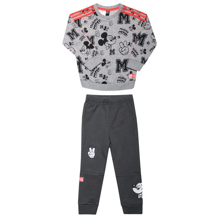 Baby  adidas Disney Mickey Mouse Jogger Set in grey.<BR><BR>-Sweatshirt:<BR><BR>-Ribbed V-neck.  <BR>- Long raglan sleeves.<BR>- 3-Stripes at shoulders and sleeves.<BR>- Ribbed cuffs and hem.<BR>- Tonal back neck tape.<BR>- Regular fit.<BR>- Main material: 70% Cotton  30% Polyester.  Machine washable.<BR><BR>- Pants: <BR><BR>- Elasticated waist with inner drawcord.<BR>- Slim fit.<BR>- Mickey Mouse graphic track suit.<BR>- Ribbed cuffs.<BR>- Mickey Mouse graphics provide a kid-friendly finish.<BR>- Main material: 70% Cotton  30% Polyester.  Machine washable. <BR>- Ref: FM2865