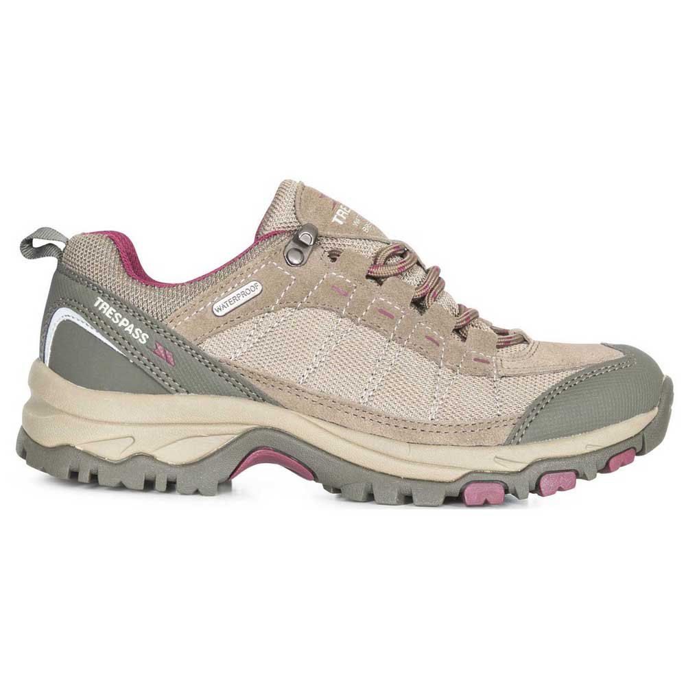 Ladies technical walking shoes. Waterproof and breathable. Lace up build. Gusseted tongue. Protective toe guard. Cushioned midsole. Arch stabilising steel shank. Cushioned and contoured footbed. Upper: 40% Suede/30% PU/30% Mesh, Lining: 100% Textile, Insole: 100% EVA, Midsole: 100% Moulded EVA, Outsole: 100% Rubber.