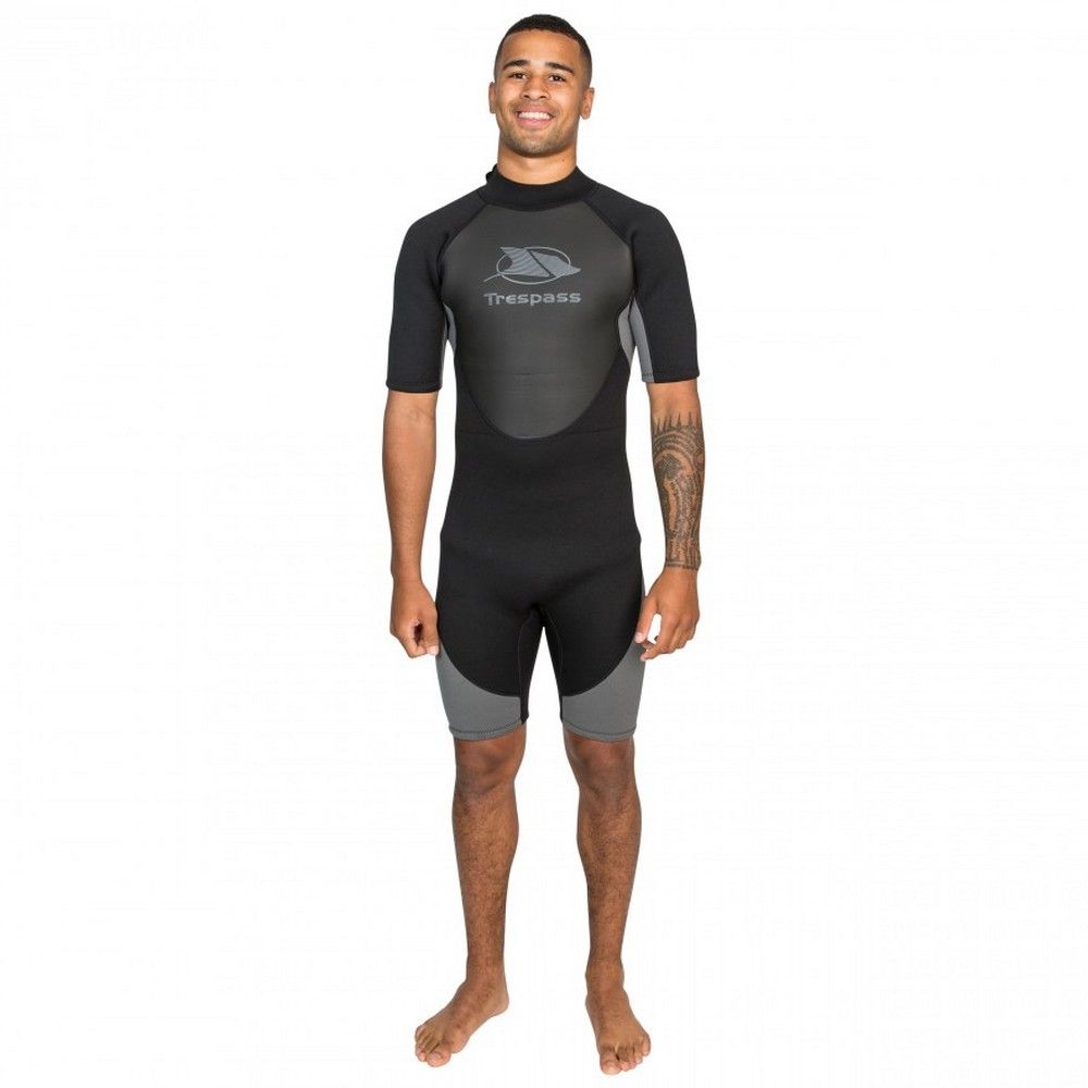 Mens 3mm short wetsuit. Mesh chest panels for heat retention and warmth. Flat lock seams. Print on chest and sleeve. 7mm zipper. 100% Neoprene, Laminated with Double Nylon.