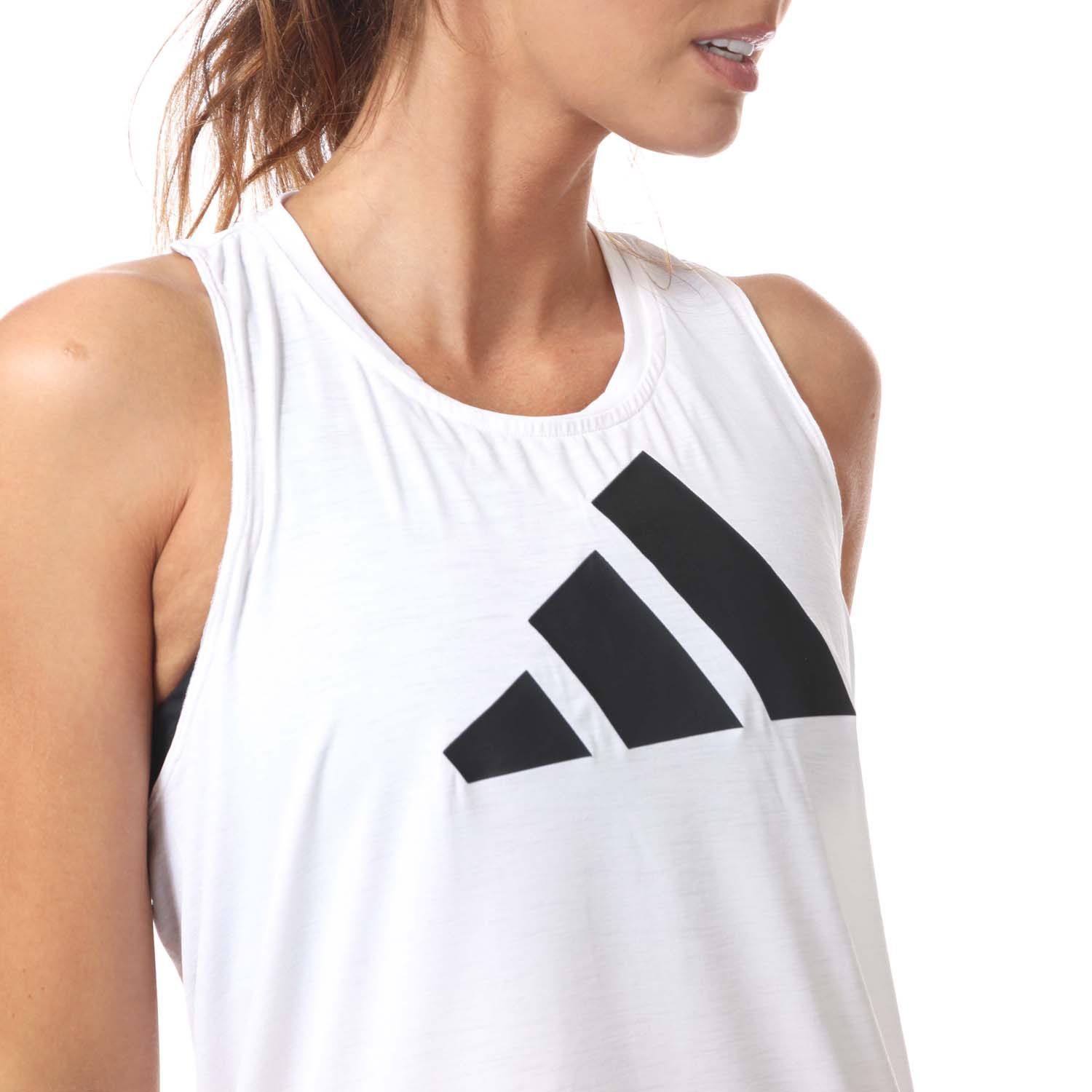 Womens adidas 3- Stripes Logo Tank Top in white black.- Crewneck.- Sleeveless.- Racerback with cutout.- Moisture absorbing.- Scoop hem.- Regular fit.- Main Material: 81% Polyester (Recycled)  19% Elastane.- Ref: GR8054