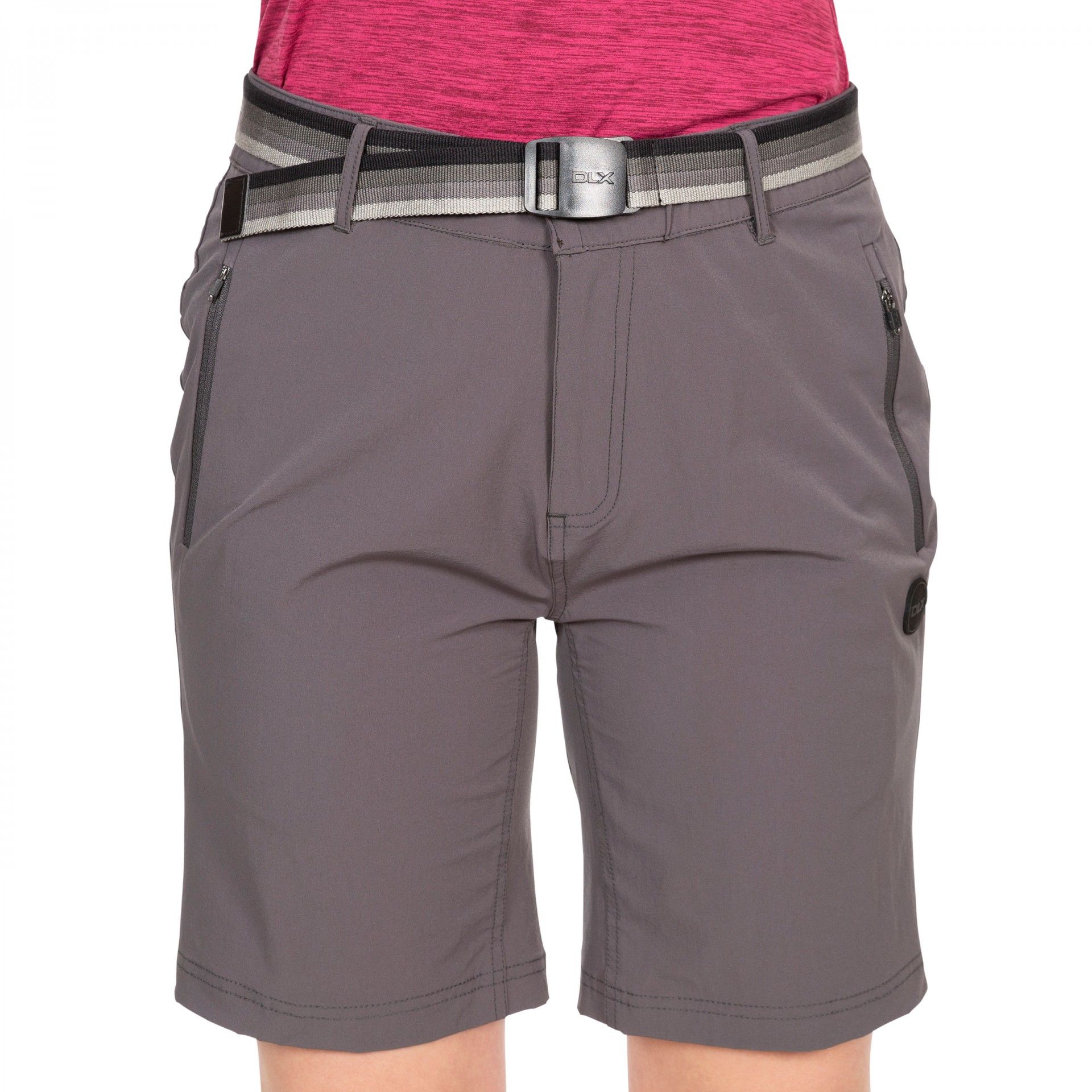 85% Polyamide, 15% Elastane. Elasticated waistband with button fastening. Front zipped fly opening. 2 zipped pockets at front. Detachable stripe webbing belt. DLX stretch. Trespass Womens Waist Sizing (approx): XS/8 - 25in/66cm, S/10 - 28in/71cm, M/12 - 30in/76cm, L/14 - 32in/81cm, XL/16 - 34in/86cm, XXL/18 - 36in/91.5cm.