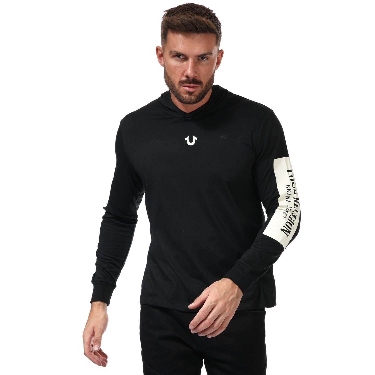 Mens True Religion Hooded Long Sleeve Logo T- Shirt in black.- Hooded neckline.- Long sleeves.- Ribbed cuffs.- Horseshoe logo at the chest and True Religion lettering design down the sleeve.- Regular fit.- 60% Cotton  40% Polyester. Machine washable.- Ref: 1055621001