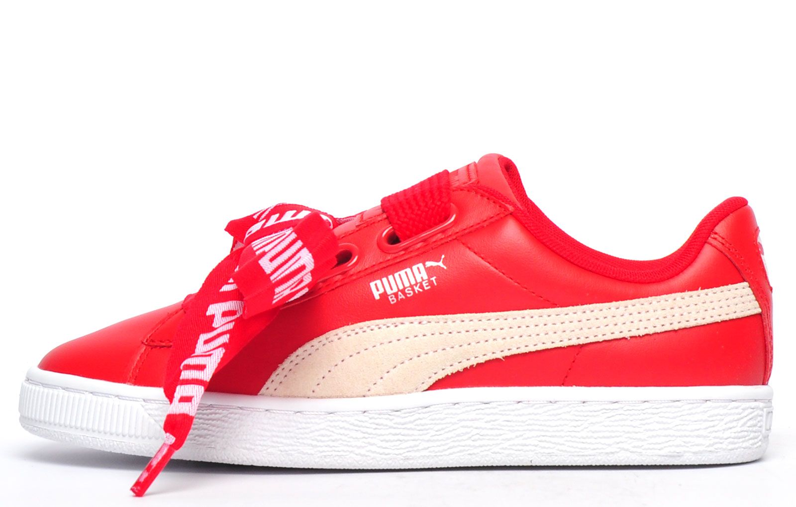 Step out in style with these premium Basket Heart womens trainers from Puma. A modern sleek silhouette crafted with premium red leather with iconic suede overlay, these Puma trainers deliver a first-class statement look, for a bang on trend style.
 Delivering five star comfort these womens trainers sport a padded heel and ankle collar. Featuring a unique lace up style proudly displaying the iconic Puma logo for the ultimate finishing touch on these stylish womens trainers.
 -Leather and suede mix upper
 -Vintage styled outsole
 -Padded heel and ankle cushioning
 -Spare laces to change look
 -Unique broad set lace fastening
 -Luxurious inner lining
 -Puma branding throughout