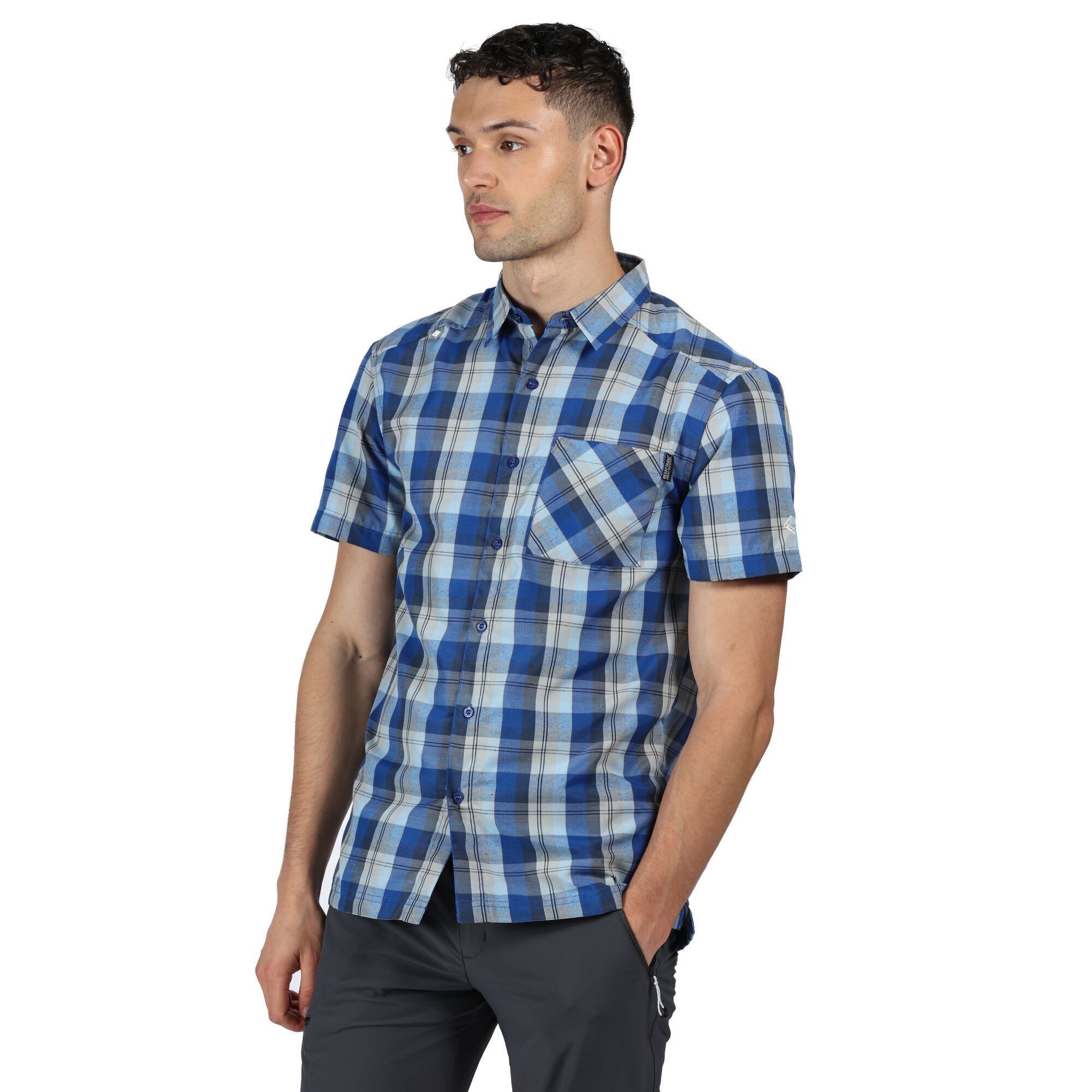 Material: 100% Polyester. Good wicking performance. Quick drying. 1 chest pocket.