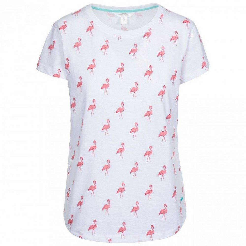 All over print with Birds or Flamingo design. Round neck. Lightweight material with contrast back neck tape. 60% Polyester, 40% Cotton.