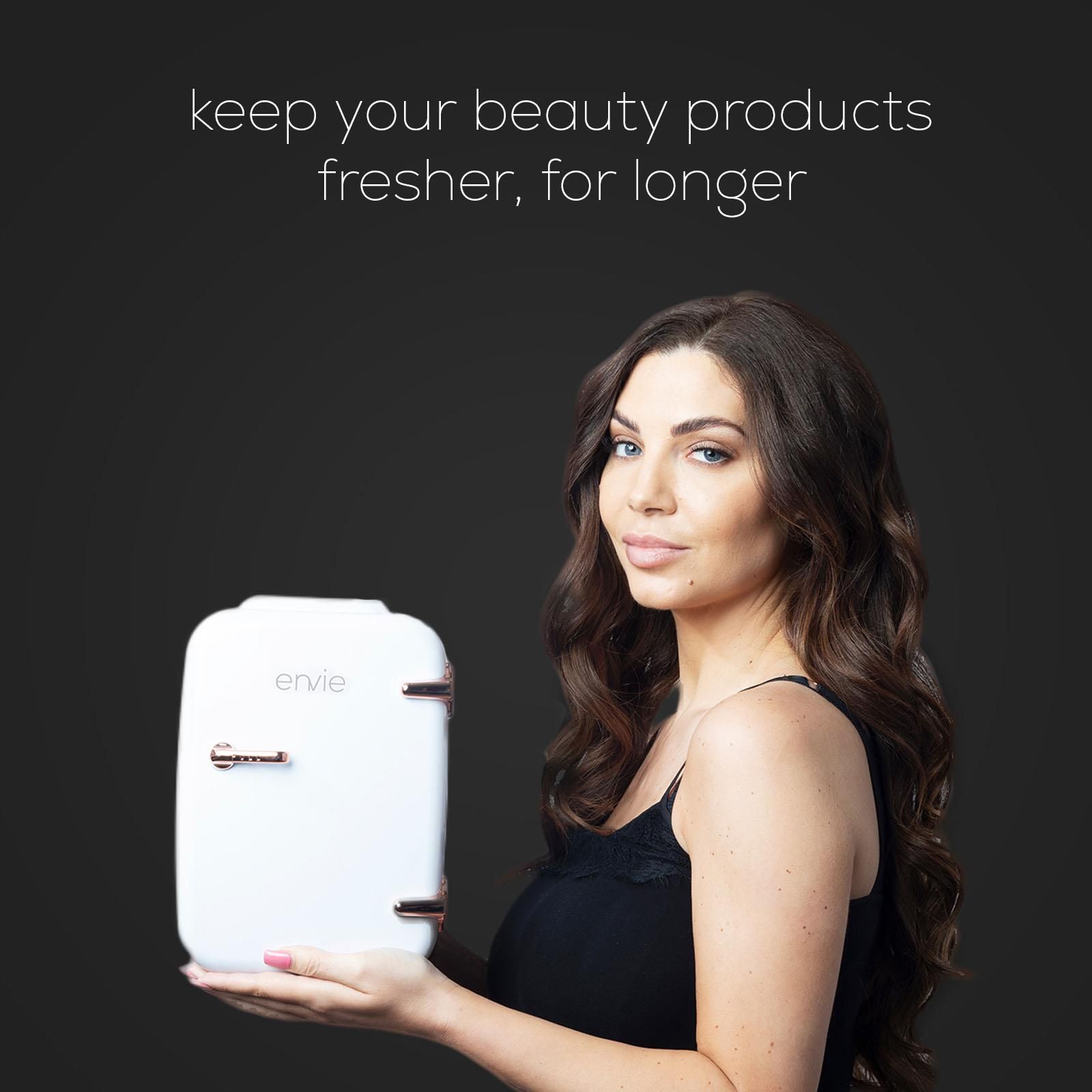 Keep your skincare and cosmetics fresher for longer with the envie Mini Beauty Fridge.  Helping to extend shelf life of your beauty products and reducing harmful bacteria, the cooling function is also ideal for maintaining cold snacks and beverages. 

Cooling products up to 20 degrees below room temperature, the fridge is sized to suit most skincare products, canned drinks and small drink cartons.

Key Features:
Removeable middle and door shelves
Thermoelectric system switches from cooling to warming
Warming function ideal for maintaining warm snacks and hot drinks
Suitable for bedrooms, office, camping, cars, caravans, boats
Stash your treats – perfect for student rooms and offices.  Keep your personal stash away from the hands of others!
Can hold up to 4 litres