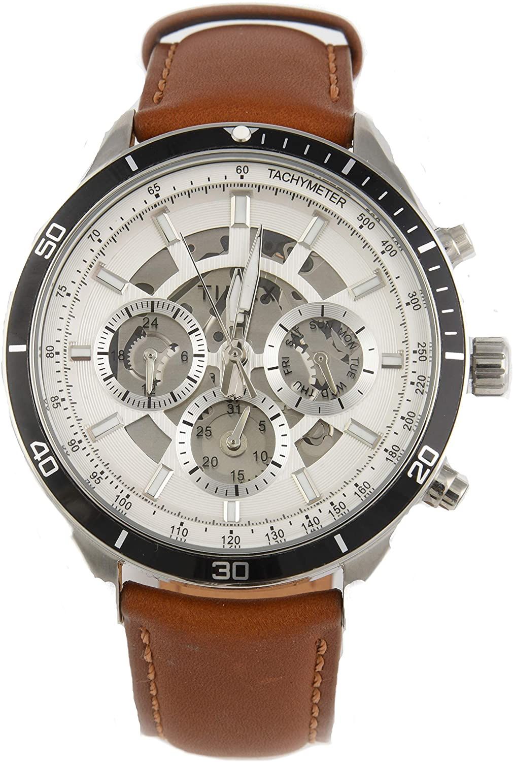 This Timex  Multi Dial Watch for Men is the perfect timepiece to wear or to gift. It's Silver 46 mm Round case combined with the comfortable Brown Leather watch band will ensure you enjoy this stunning timepiece without any compromise. Operated by a high quality Quartz movement and water resistant to 5 bars, your watch will keep ticking. The classic colours will go great with any outfit . It enables you to easily spice up a normal outfit and add style to your life. -The watch has a calendar function: Day-Date, 24-hour Display, Luminous Hands, Tachymeter High quality 21 cm length and 21 mm width Brown Leather strap with a Buckle Case diameter: 46 mm,case thickness: 13 mm, case colour: Silver and dial colour: Multicolour