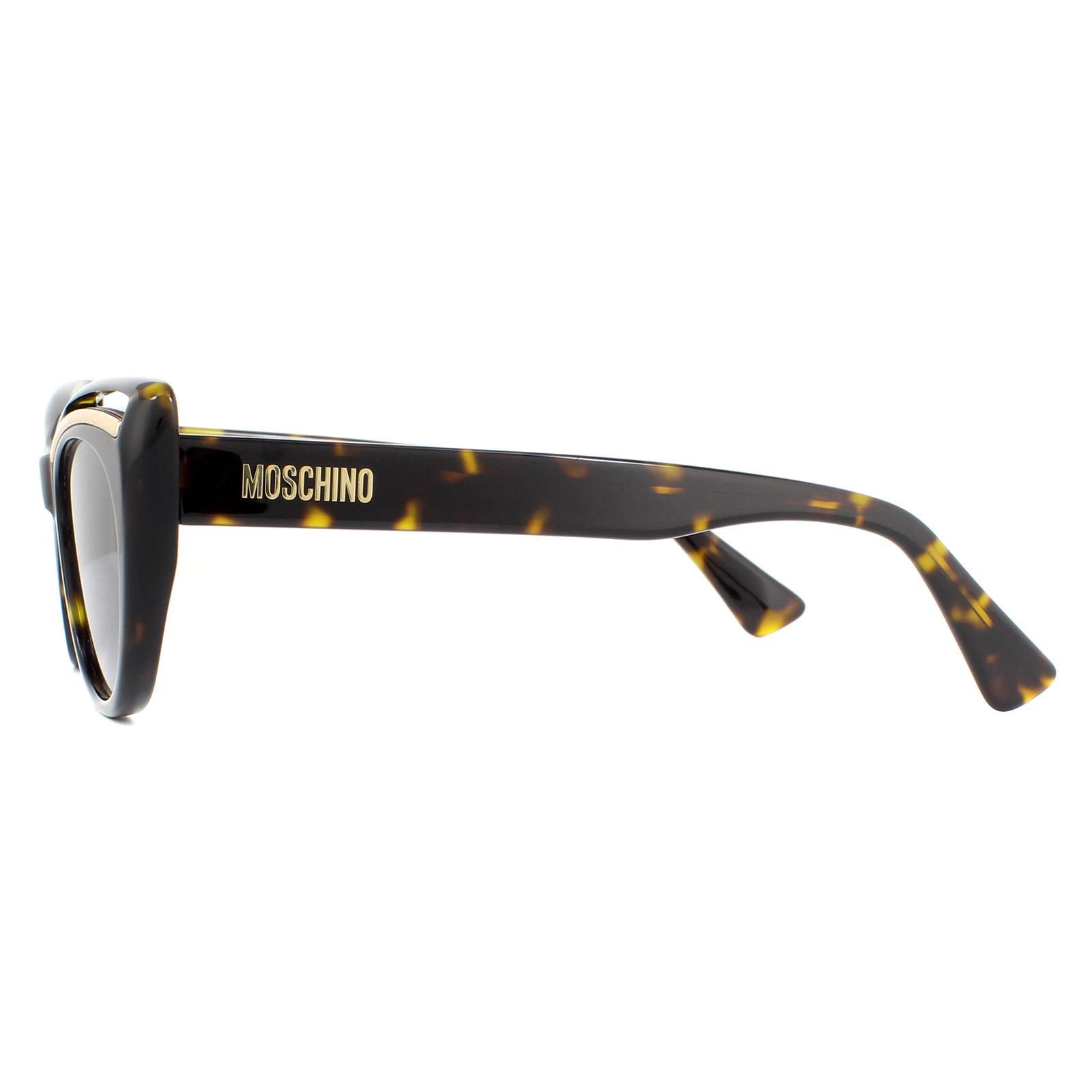 Moschino Sunglasses MOS036/S 086 IR Havana Grey are a retro cat eye style with a modern twist. The frame front features cut out and metal detailing. Chunky temples are embellished with the Moschino text logo.