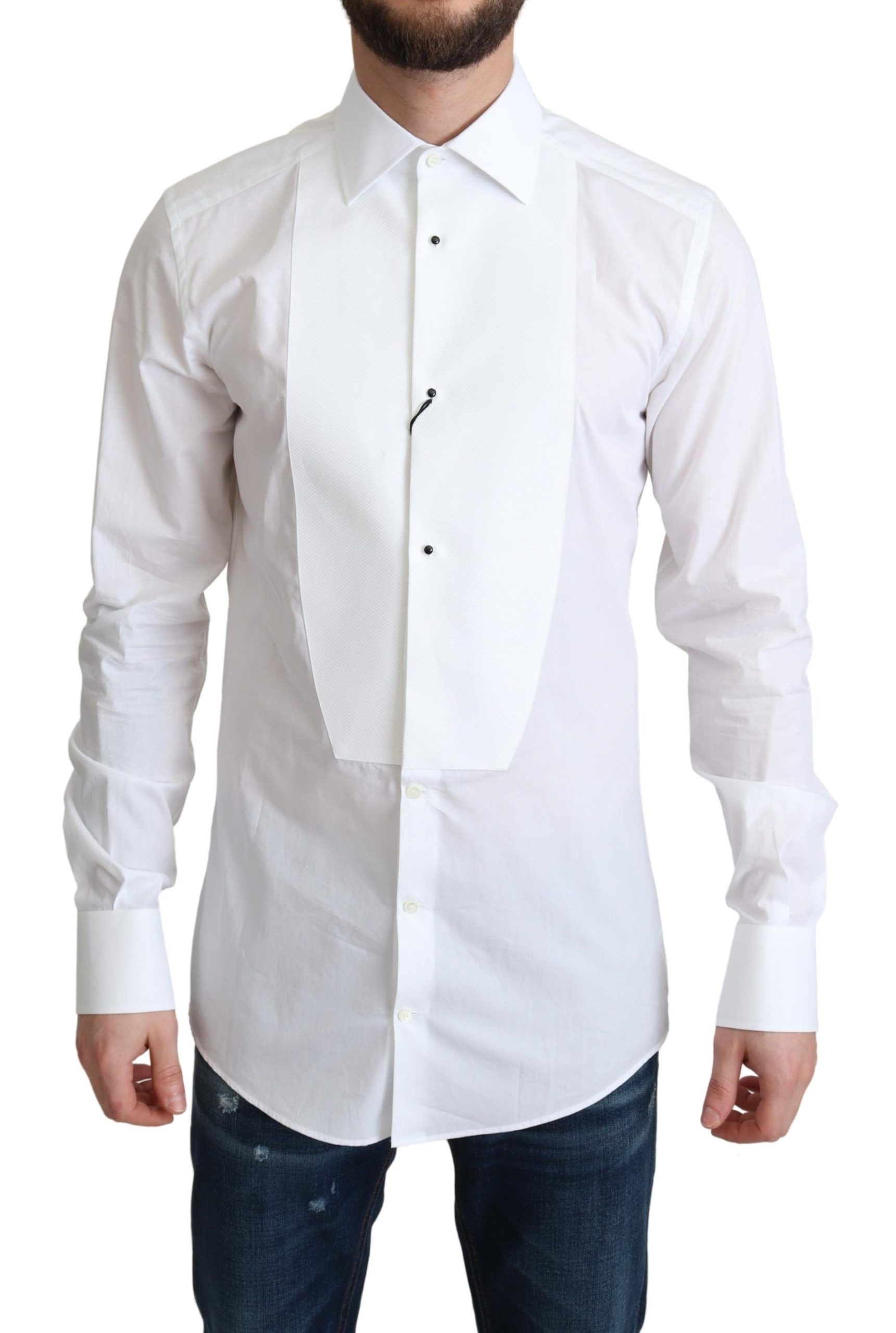 Dolce Gabbana White Bib Cotton Poplin Men Formal Shirt