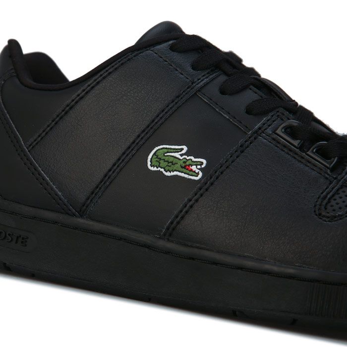 Junior Lacoste Thrill Trainers in black.- Leather uppers.- Lace up fastening.- Branding to tongue and heel.- Lacoste Croc logo embroidered to the sidewall.- Ortholite sockliner for comfort and odour control.- A punched vamp infuses sports inspiration.- Rubber outsole.- Leather upper  Textile linings  Synthetic sole.- Ref: 740SUJ001402H