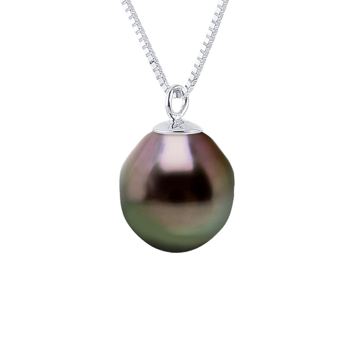 Necklace Venitian Style chain 925 Sterling Silver Rhodium-plated and true Cultured Tahitian Pearl Pear Shape 9-10 mm Length 42 cm , 16,5 in - Our jewellery is made in France and will be delivered in a gift box accompanied by a Certificate of Authenticity and International Warranty