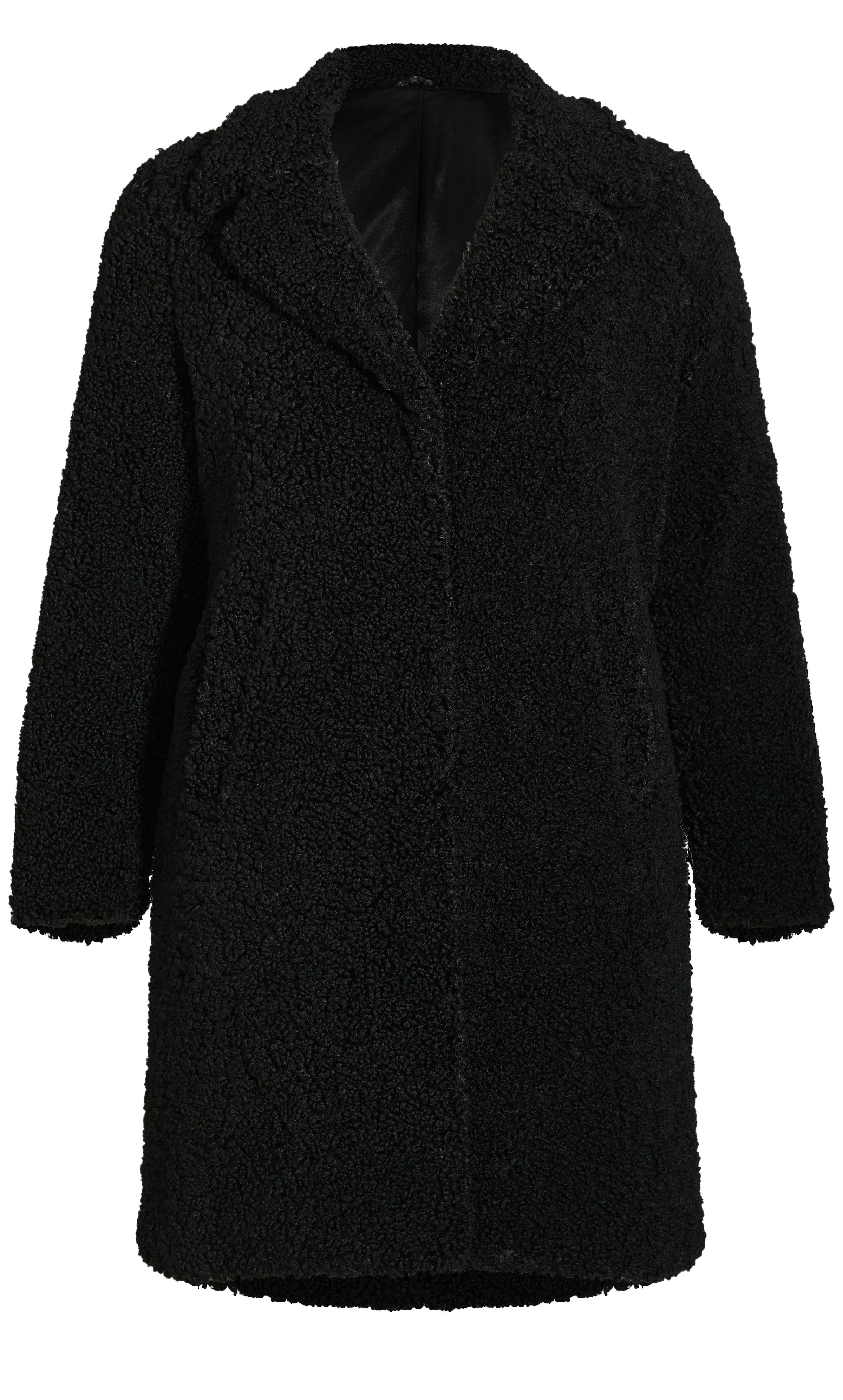 Rock the teddy coat trend this season in our utterly chic and fashion-forward Teddy Coat! The fluffy fabrication adds texture and style to your outfit, while a sleek black hue keeps this coat easy to style with from day-to-day. Key Features Include: - Collared neckline - Long sleeves - Fluffy faux fur fabrication - Snap button down front - Fully satin lined - Longline length Opt for a killer street style vibe by layering this coat over a slogan tee, ripped skinny jeans and chunky combat boots.