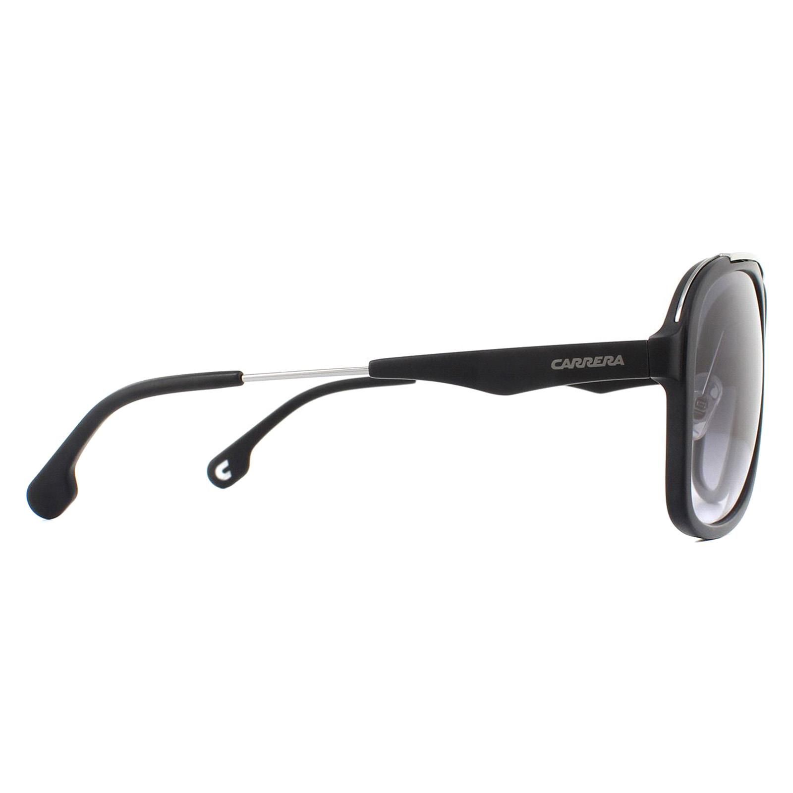 Carrera Sunglasses 133/S TI7 9O Ruthenium Matte Black Dark Grey Gradient have the latest trend for a top bar across the top of the frame for a trendy double bridge look in shiny metal matching the bridge and temple section also. Very fashionable and very popular!