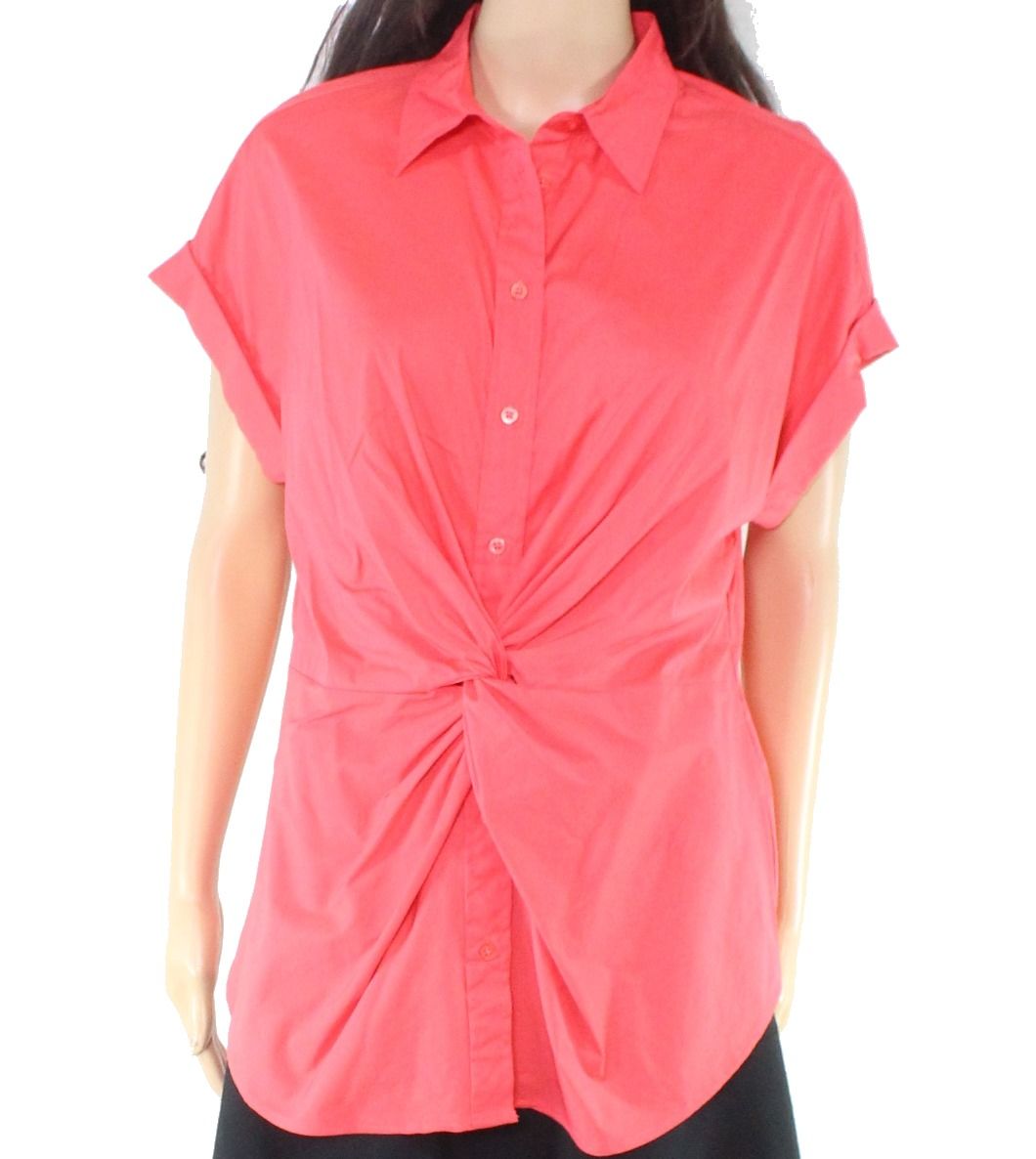 Color: Pinks Size Type: Regular Size (Women's): M Sleeve Length: Short Sleeve Type: Button-Up Style: Basic Neckline: Collared Pattern: Solid Theme: Classic Material: Cotton Blends