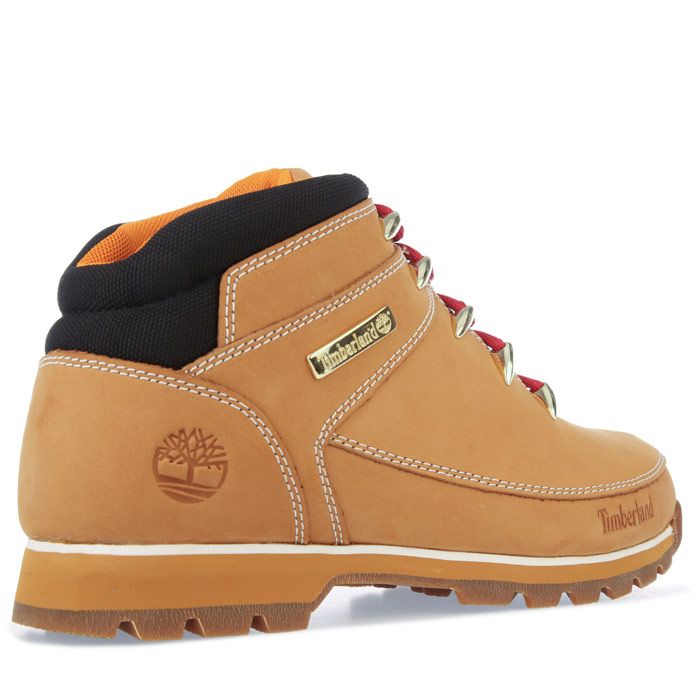 Mens Timberland Euro Sprint Hiker Boots in wheat. – Upper made with premium full-grain Better Leather from a sustainable tannery rated silver for its water  energy and waste management practices. – Lace-up style. – Branding to side and tongue. – Metal lace eyelets. – Comfortable padded collar. – Protective rubber toe bumper. – Upper and lining made with durable ReBOTL™ fabric  50% made from recycled plastic bottles. – EVA midsole for shock absorption and cushioning. – Durable rubber lug outsole for grip. – Leather upper  Textile lining  Synthetic sole. – Ref: CA2GKS