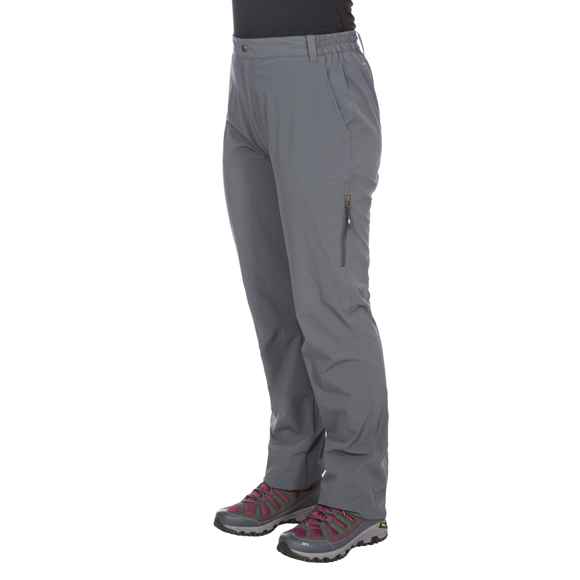 Ripstop fabric with stretch side waist elastic. 3 zip pockets. 2 pockets. Knee darts. Quick dry. Comfort stretch. UV 40+. 88% Polyamide, 12% Elastane. Trespass Womens Waist Sizing (approx): XS/8 - 25in/66cm, S/10 - 28in/71cm, M/12 - 30in/76cm, L/14 - 32in/81cm, XL/16 - 34in/86cm, XXL/18 - 36in/91.5cm.
