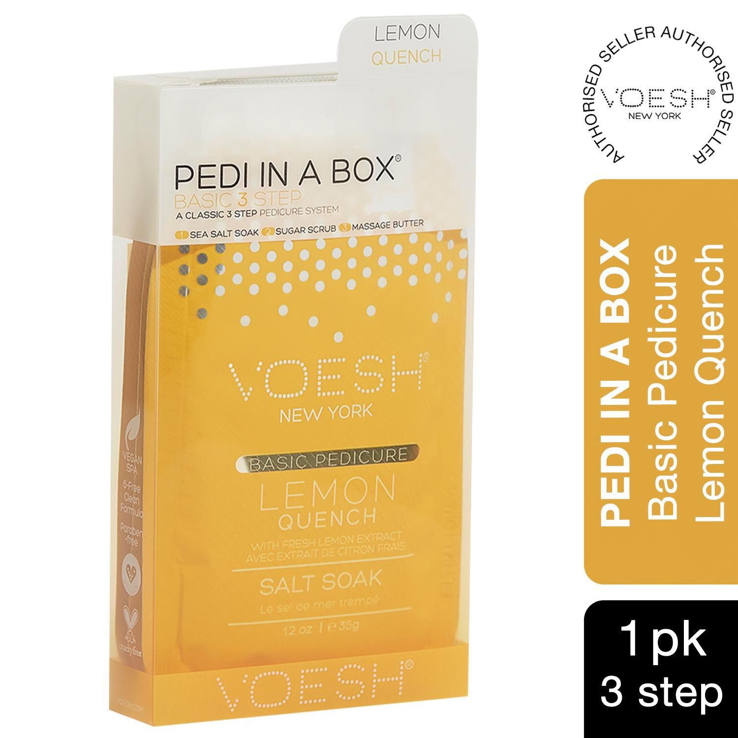 Voesh Lemon Basic 3 Step Pedicure In A Box with Vitamin C.  Voesh individual spa pedicure collection is a 3 step treatment. The cleanest and most hygienic Spa Pedicure solution. Enriched with key ingredients to give your feet the nutrition it needs. Each product is individually packed with the right amount for a single pedicure. Set Includes Sea Salt Soak, Scrub and Massage Cream.  

The Perfect Pedi For:
Everyday Pedicure Service
Clean & Hygienic Treatment

Key Features: 
The cleanest and most hygienic Spa Pedicure solution.
Enriched with key ingredients to give your feet the nutrition it needs.
Each product is individually packed with the right amount for a single pedicure.
Set Includes Sea Salt Soak, Scrub and Massage Cream.

This kit contains:
Sea Salt Soak 35g: This soak helps relieve tension, stiffness, minor aches and discomfort in your feet. It helps detox and deodorize the feet.
Sugar Scrub 35g: The scrub gently exfoliates dead skin cells and helps soften your feet. Perfect for use on the soles on your feet.
Massage Cream 35g: The massage cream hydrates and soothes skin. It softens the soles of your feet and helps prevent dryness and roughness.