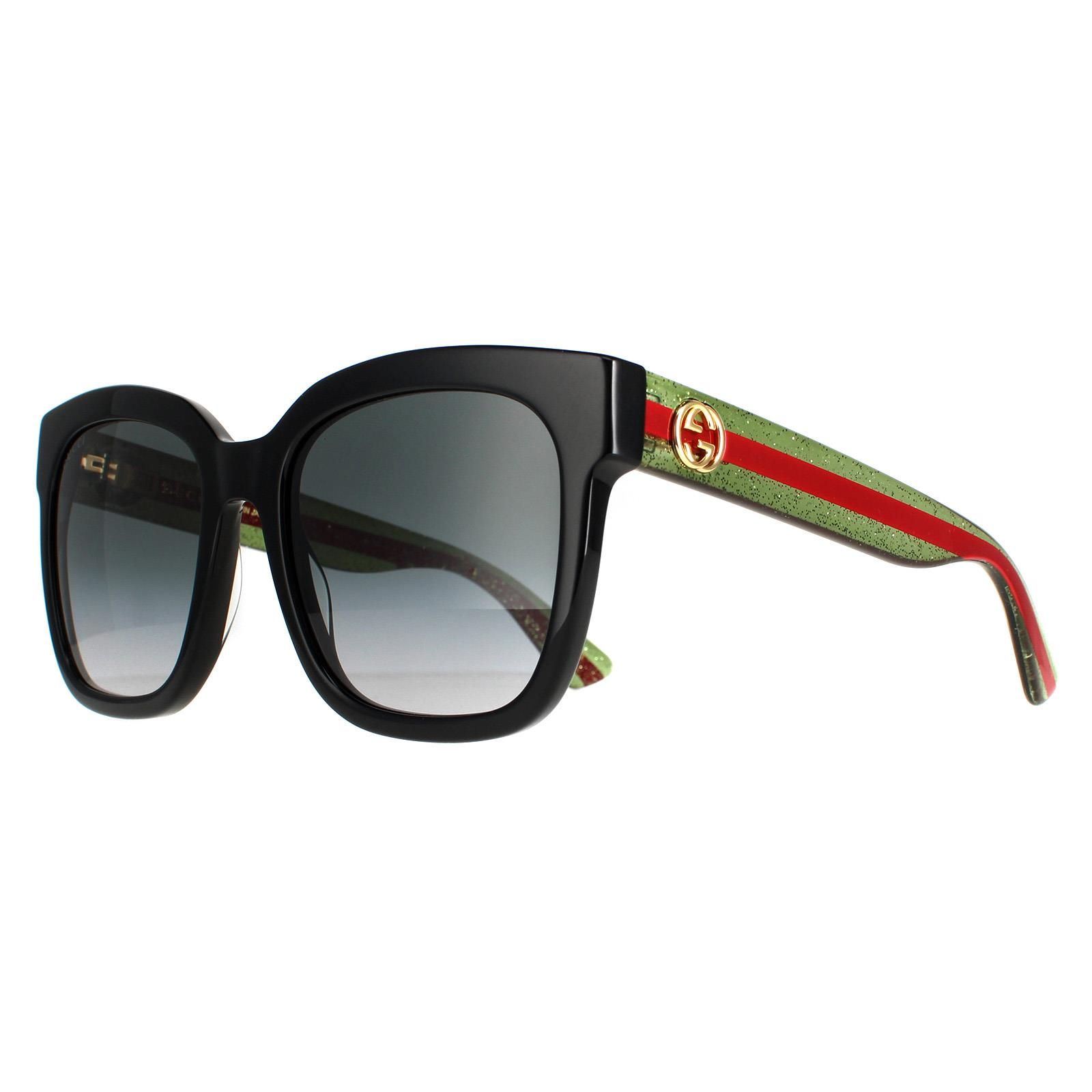 Gucci Square Womens Black With Green and Red Glitter Grey Gradient GG0034SN Sunglasses are a glamorous and oversized square shape frame. The thick acetate frame is lightweight and comfortable with Gucci's iconic GG metal logo at each of the temples. An exquisite style that will always stay on trend!