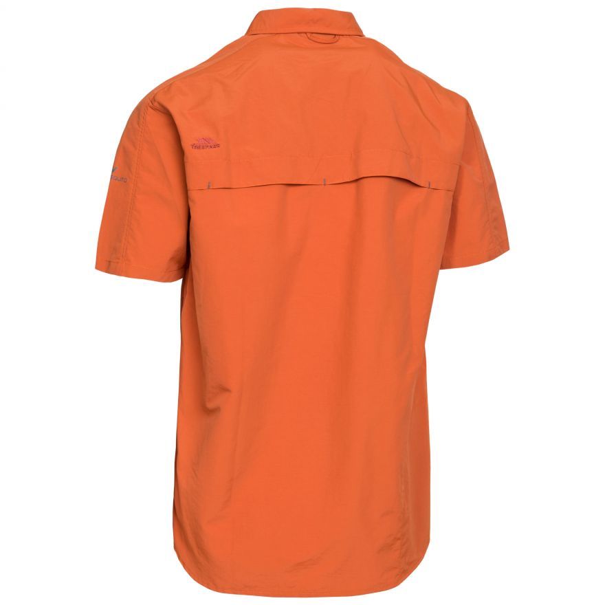 2 piece collar. Short sleeves. Button fastening. Chest patch pocket. Zip chest pocket. Concealed zip pocket. Mesh lined vent. Quick dry. UV 40+. Mosquito repellent finish. 100% Polyamide. Trespass Mens Chest Sizing (approx): S - 35-37in/89-94cm, M - 38-40in/96.5-101.5cm, L - 41-43in/104-109cm, XL - 44-46in/111.5-117cm, XXL - 46-48in/117-122cm, 3XL - 48-50in/122-127cm.
