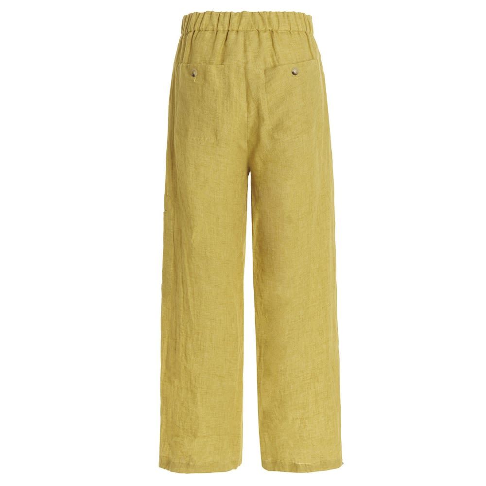 Linen trousers featuring five pockets and an ankle hem with an adjustable drawstring.