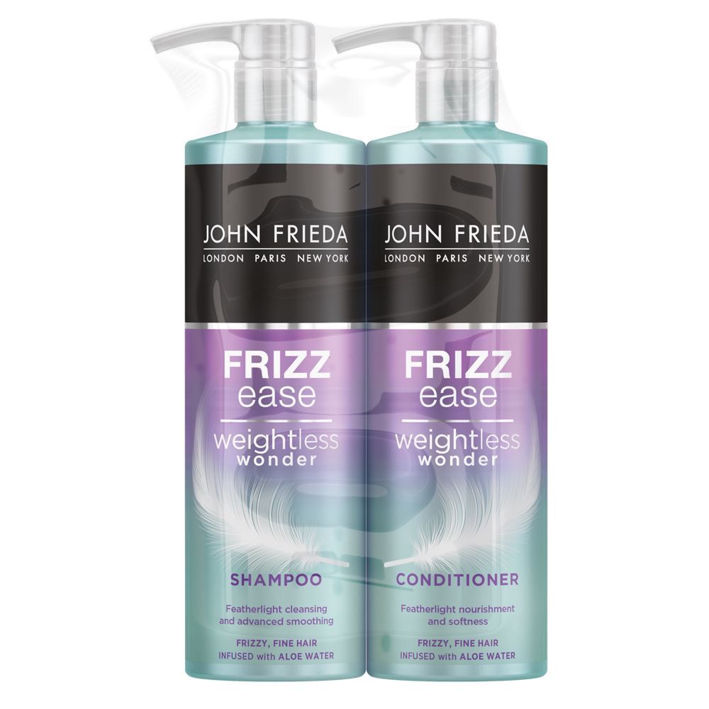 John Frieda Frizz Ease Weightless Wonder Fine Hair Shampoo & Conditioner 500ml Duo Pack. Our most lightweight formula, tailored to transform frizzy, fine hair into soft smooth styles. Infused with hydrating Aloe Water, the Weightless Wonder Shampoo weightlessly cleanses and moisturises, whilst the Weightless Wonder Conditioner weightlessly nourishes and detangles. Safe for colour-treated hair.

Set Contains:  1x John Frieda Frizz Ease Weightless Wonder Fine Hair Shampoo 500ml & 1x John Frieda Frizz Ease Weightless Wonder Fine Hair Conditioner 500ml