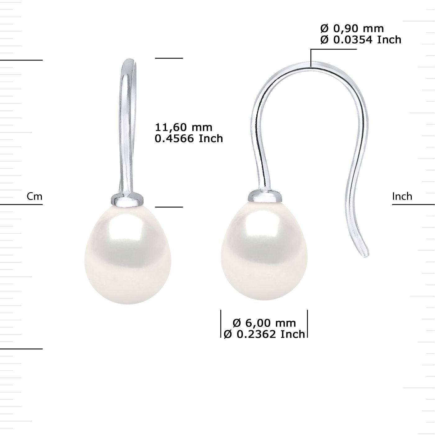 Earrings of 925 Sterling Silver and true Cultured Freshwater Pearls Pear Shape 6-7 mm - 0,24 in - Natural White Color and Hook system - Our jewellery is made in France and will be delivered in a gift box accompanied by a Certificate of Authenticity and International Warranty