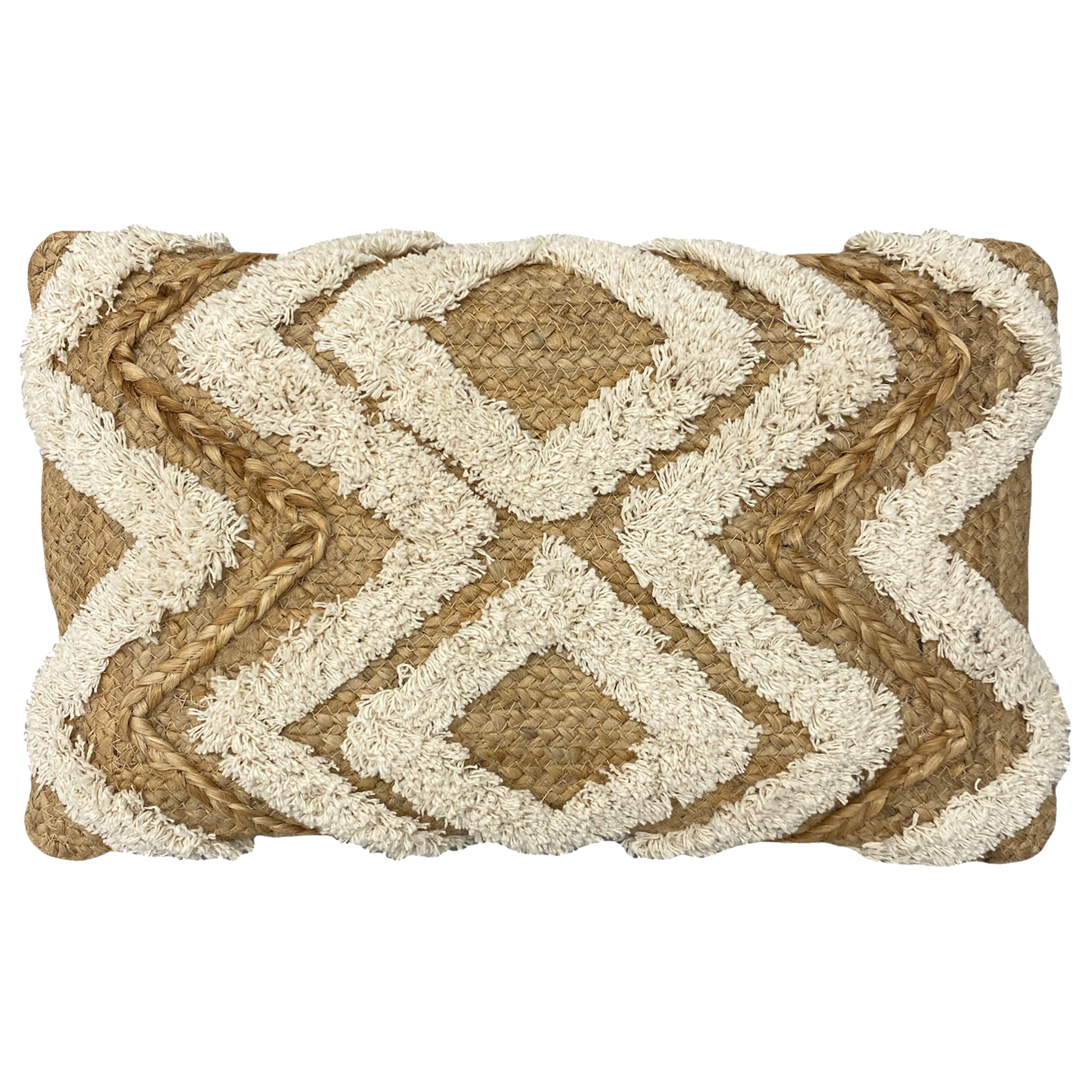 A natural jute cushion featuring contrasting cotton tufting and braid details. Complete with standard knife edging and hidden zip closure. Made of 90% Jute/10% Cotton, making this cushion super comfy and durable.