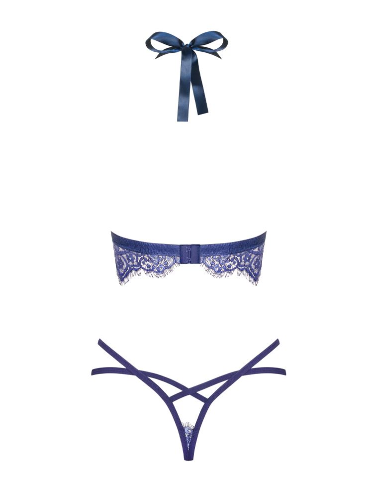 This Flowlace bra & thong set by Obsessive is sensual and flirty. This set consists of a bralette with elegant lacing, and padded cups to give you and extra boost, also a low rise thong with bold cut outs. The multistage closure on the bra provides the perfect fit.