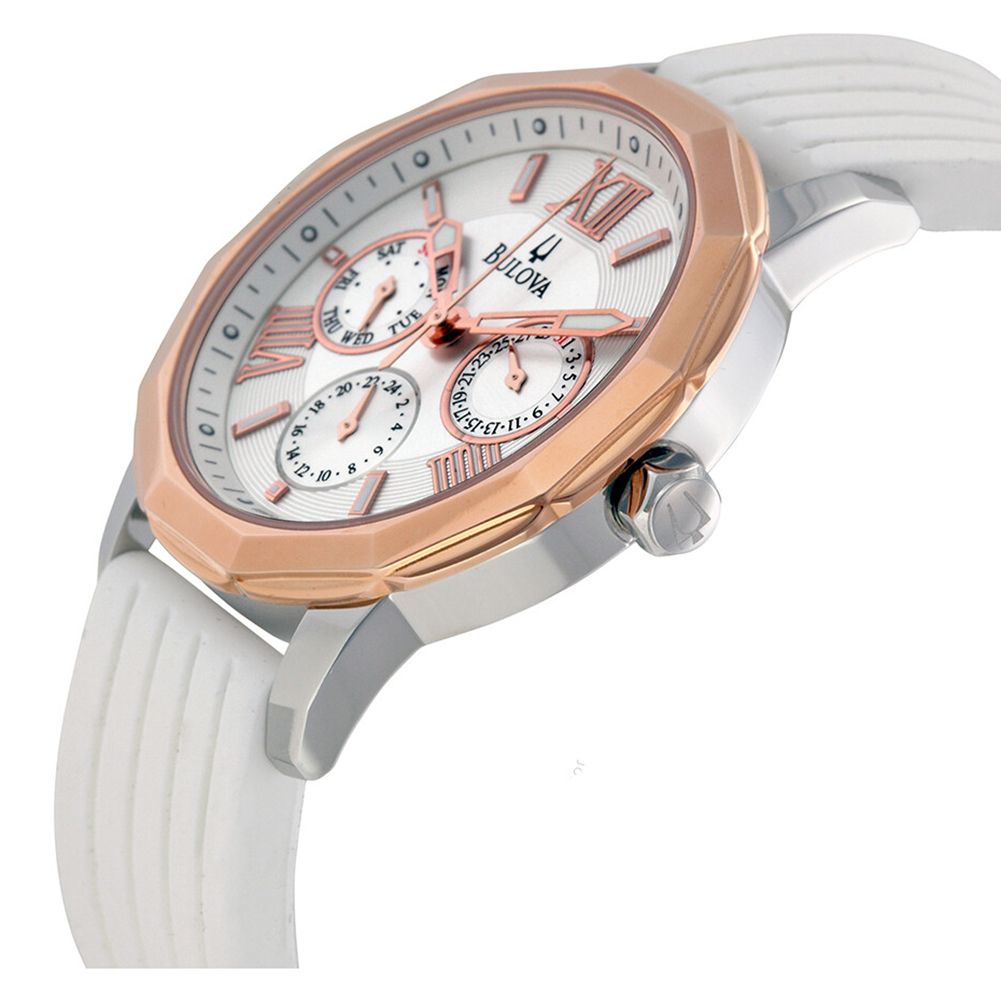 This Bulova Multi Dial Watch for Women is the perfect timepiece to wear or to gift. It's Rose gold 38 mm Round case combined with the comfortable White Rubber will ensure you enjoy this stunning timepiece without any compromise. Operated by a high quality Quartz movement and water resistant to 3 bars, your watch will keep ticking. Elegant and fashionable watch that is suitable for the daily life of every woman -The watch has a calendar function: Day-Date, 24-hour Display, Luminous Hands, Luminous Numbers. High quality 19 cm length and 17 mm width. White Rubber strap with a Buckle. Case diameter: 38 mm, case thickness: 8 mm, case colour: Rose Gold and dial colour: Silver