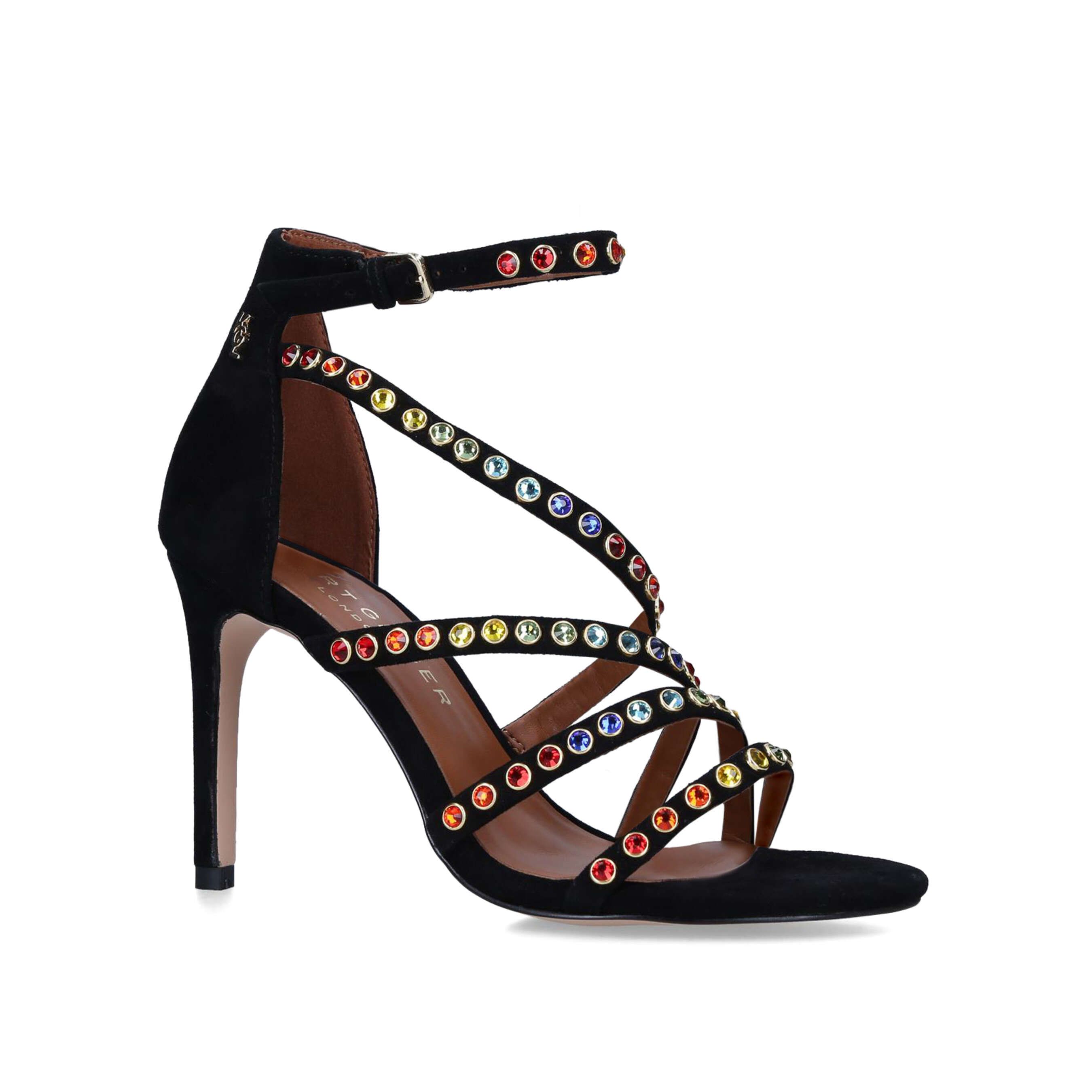 The KGL Hyde Em Sandal features a black leather upper with multi-coloured crystals across the straps. The ankle is fastened with small gold buckle.