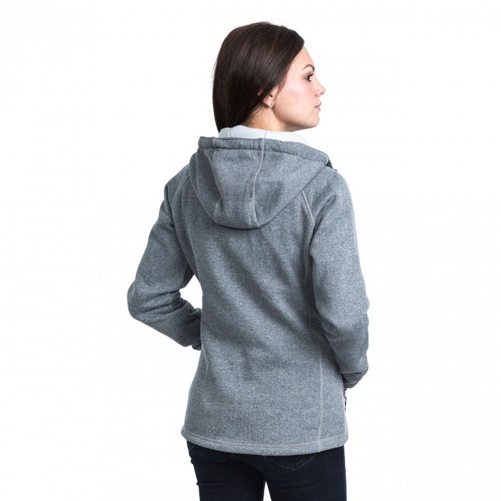 Knitted textured marl fleece. Back side brushed. Grown on hood. Tie adjustment on hood. Chinguard. 2 contrast zip pockets. Airtrap. 100% Polyester. Trespass Womens Chest Sizing (approx): XS/8 - 32in/81cm, S/10 - 34in/86cm, M/12 - 36in/91.4cm, L/14 - 38in/96.5cm, XL/16 - 40in/101.5cm, XXL/18 - 42in/106.5cm.