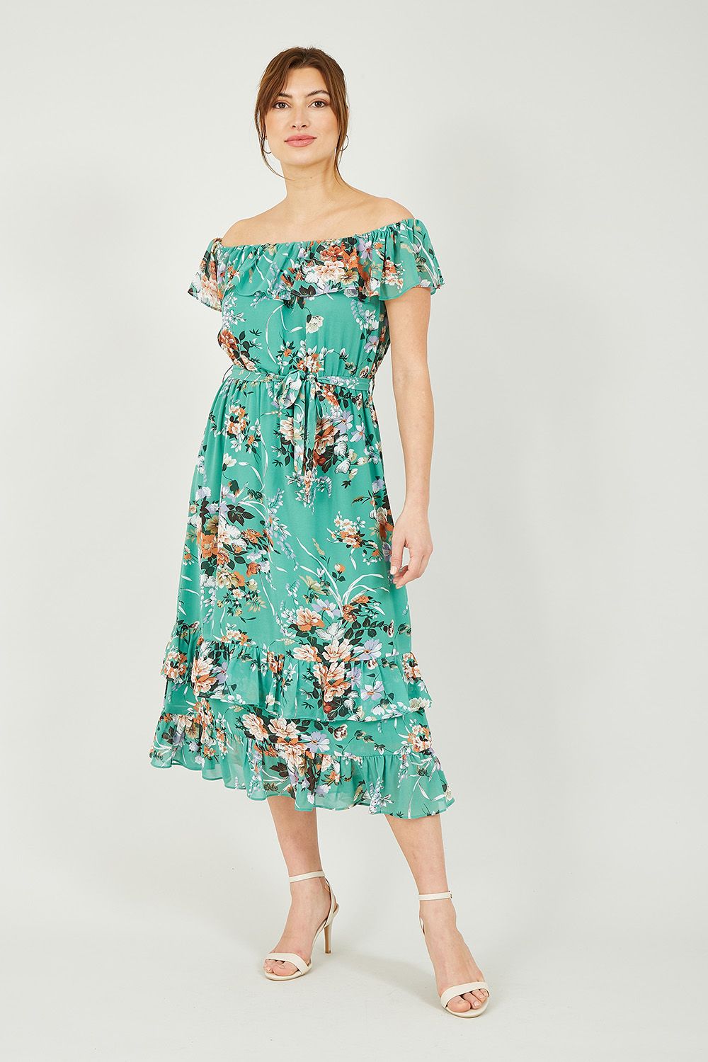 Yumi Mint Floral Bardot Dress