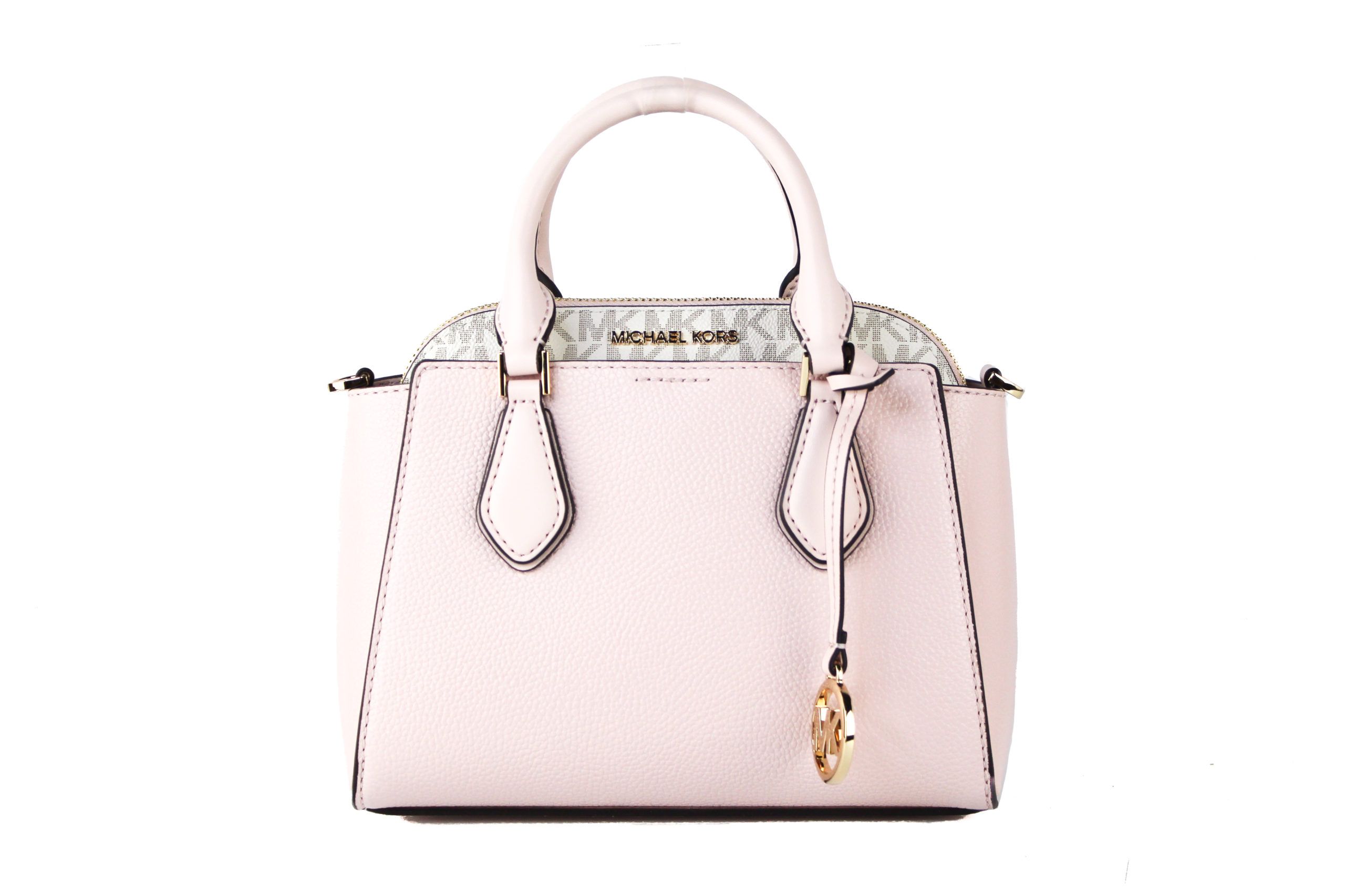 Brand New with Tags (100% Authentic). 
Style: . Michael Kors Daria Small 2-in-1 Satchel Handbag (Powder Blush/Vanilla Signature)
Material: . Pebble Leather &Signature PVC
Features: Satchel Bag with Removable Dome Bag, Adjustable/Detachable Crossbody Strap. 
Measures: 
Satchel: 21.59cm. W x 15.24cm H x 10.16cm D 
Dome: 21.59cm W x 17.78cm H x 7.62cm D