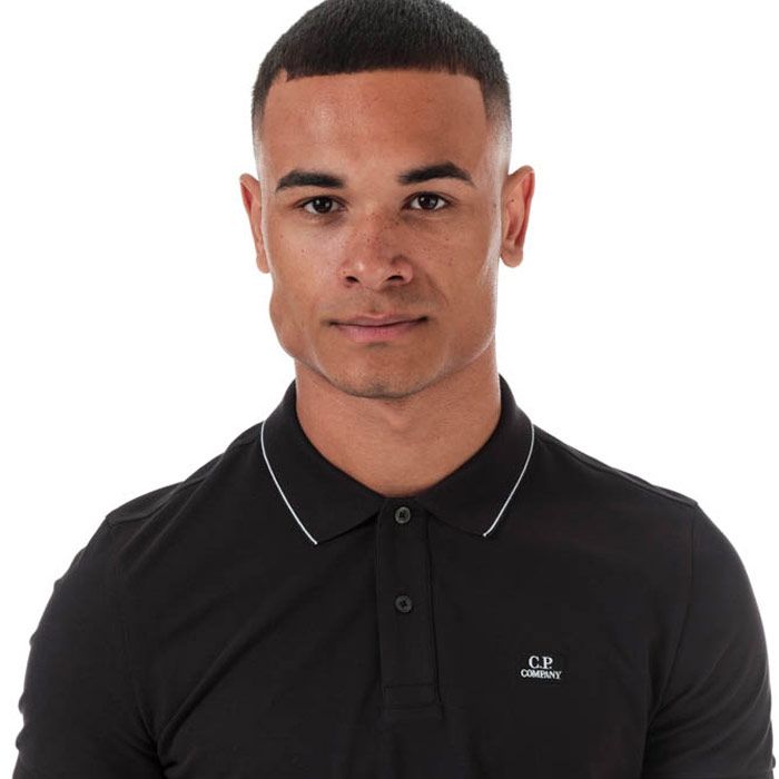 Mens C.P. Company Stretch Pique Polo  Black. <BR><BR>- Short sleeves.<BR>- Crew neckline.<BR>- Completed with brands signature block logo embroidered on the chest. <BR>- Regular fit.<BR>- 100% cotton. Machine washable.<BR>- Ref: 09CMPL027A999.