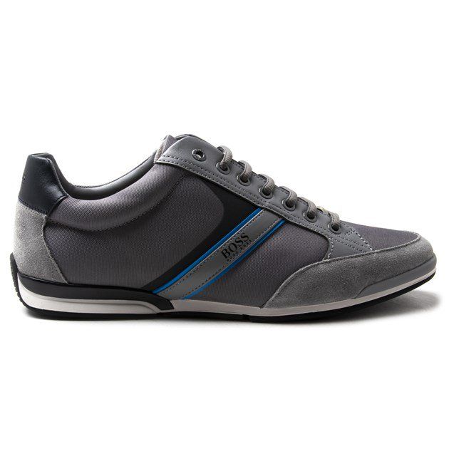 Men's Blue-grey Boss Saturn Lowp_mx Trainers With Low Profile, Nylon Upper, Lace Up Fastening, And Padded Tongue And Cuff, With Signature Boss Branding And Grey Suede Detail. Designed With A Reinforced Heel And Moulded Removable Footed, Durable Rubber Sole And Textured Grip Tread Give This Practical Sneaker A Luxurious Look.