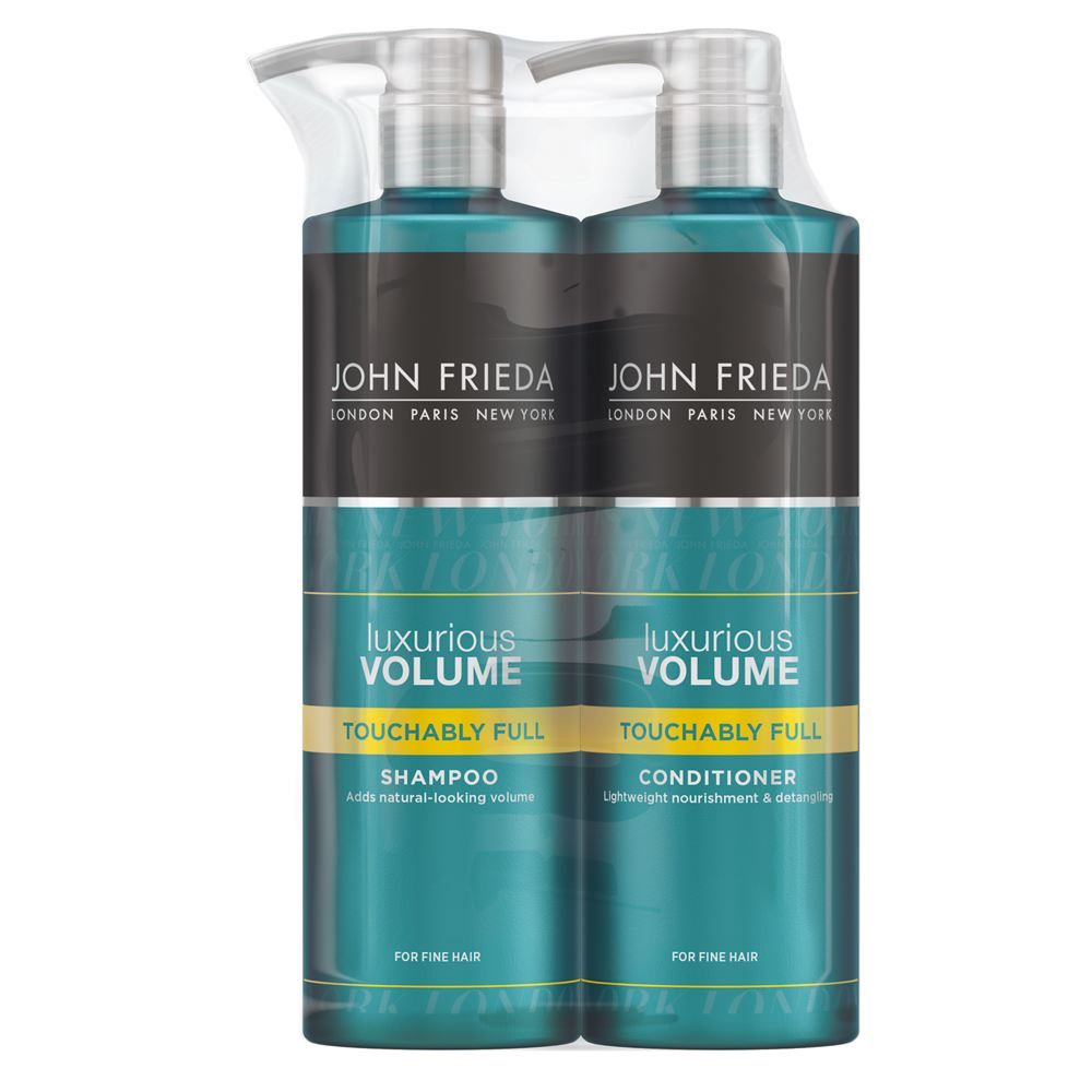 John Frieda Luxurious Volume Touchably Full Hair Shampoo & Conditioner 500ml Duo Pack.  Add natural-looking volume to fine strands. The gentle shampoo, with Caffeine Vitality Complex, cleanses and gives flat strands volume that's touchably soft. Then detangle and nourish hair without weighing it down with the lightweight conditioner which preps volume without tangles. Safe for colour-treated hair. 

Set Contains:  1x John Frieda Luxurious Volume Touchably Full Hair Shampoo 500ml & 1x John Frieda Luxurious Volume Touchably Full Hair Conditioner 500ml