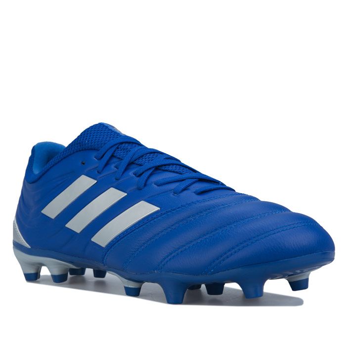 adidas Copa 20.3 Firm Ground Football Boots in royal blue.- Premium leather upper with mono-tongue construction.- Lace fastening. - Regular fit.- Primemesh collar for a sock-like fit.- 3 stripe detail to side.  - Branding to heel and tongue.- Foam heel.- Lightweight TPU outsole.- Leather and synthetic upper  Textile lining  Synthetic sole.- Ref.: EH1500