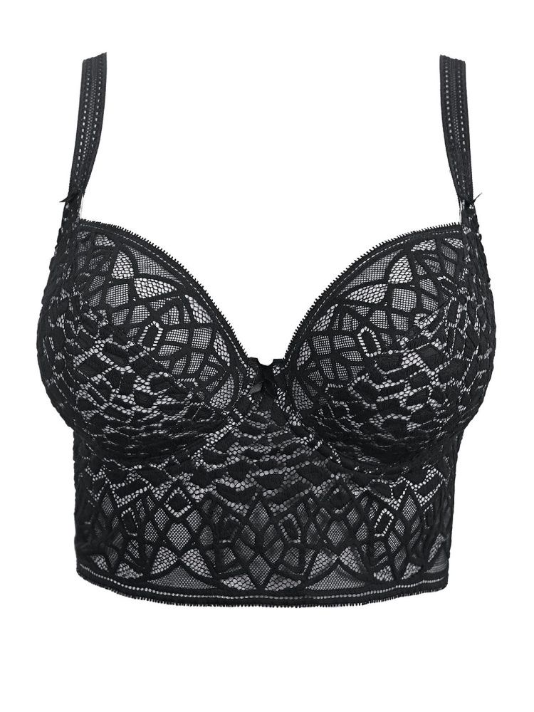 Make a statement in this romantically chic Freya Soiree Lace collection featuring stylish mosaic and geometric style lace with soft mesh panels to create a captivating look.  This longline bralette has diagonal seams that provide natural uplift to your bust and support without the padding.  The plunge style neckline offers a flattering fit and enhances your cleavage - as well as being perfect underneath low cut tops.  The longline feature makes this bralette perfect to wear as outerwear and the low scoop back adds an alluring touch.  Stitch detail is featured on the fully adjustable shoulder straps and the bra is fastened with a hook and eye closure.  Complete with a satin bow for a gorgeous finish.