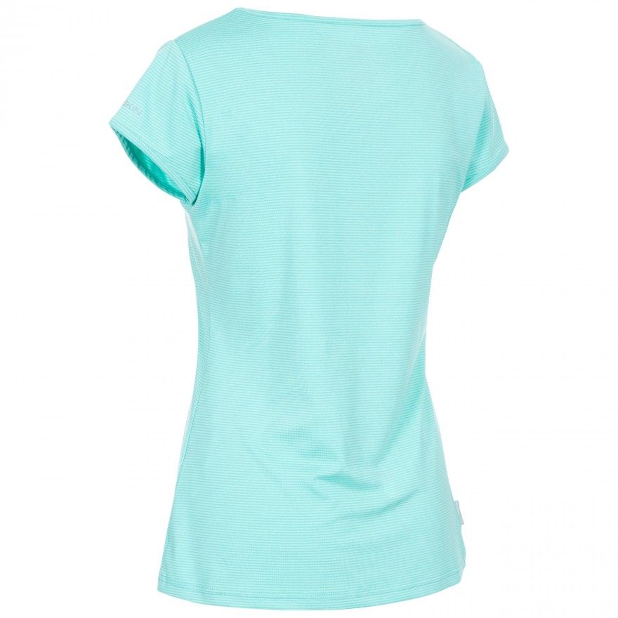 Striped marl stretch fabric. Back neck binding. V-neck. Short sleeves. Coverstitching. Duoskin. Quick dry. 4 way stretch. 200gsm. 90% Polyester, 10% Elastane. Trespass Womens Chest Sizing (approx): XS/8 - 32in/81cm, S/10 - 34in/86cm, M/12 - 36in/91.4cm, L/14 - 38in/96.5cm, XL/16 - 40in/101.5cm, XXL/18 - 42in/106.5cm.