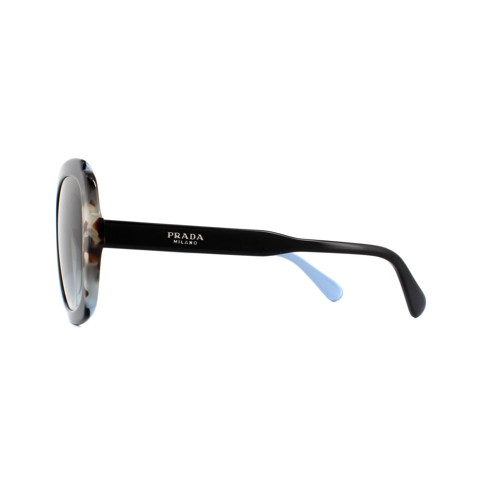 Prada Sunglasses PR 16US KHR0A7 Black Azure Spotted Brown Grey Gradient are a bold square shaped design with oversized lenses for women. The classic silhouette is crafted from thick acetate and features a contrasting coloured or patterned outer edge for a contemporary twist. Designed for the more daring fashion lover, an unexpected edge along the top will guarantee that you always draw attention.