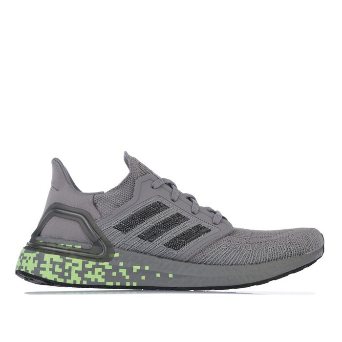 Mens adidas Ultraboost 20 Running Shoes in grey.- adidas Primeknit textile upper.- Lace closure.- Snug  sock-like fit.- Lightly padded ankle.- Tailored Fibre Placement locked-in fit.- Responsive Boost midsole.- Stretchweb outsole with Continental™ Rubber.- Textile upper  Textile lining  Stretchweb sole.- Ref.: EG0705