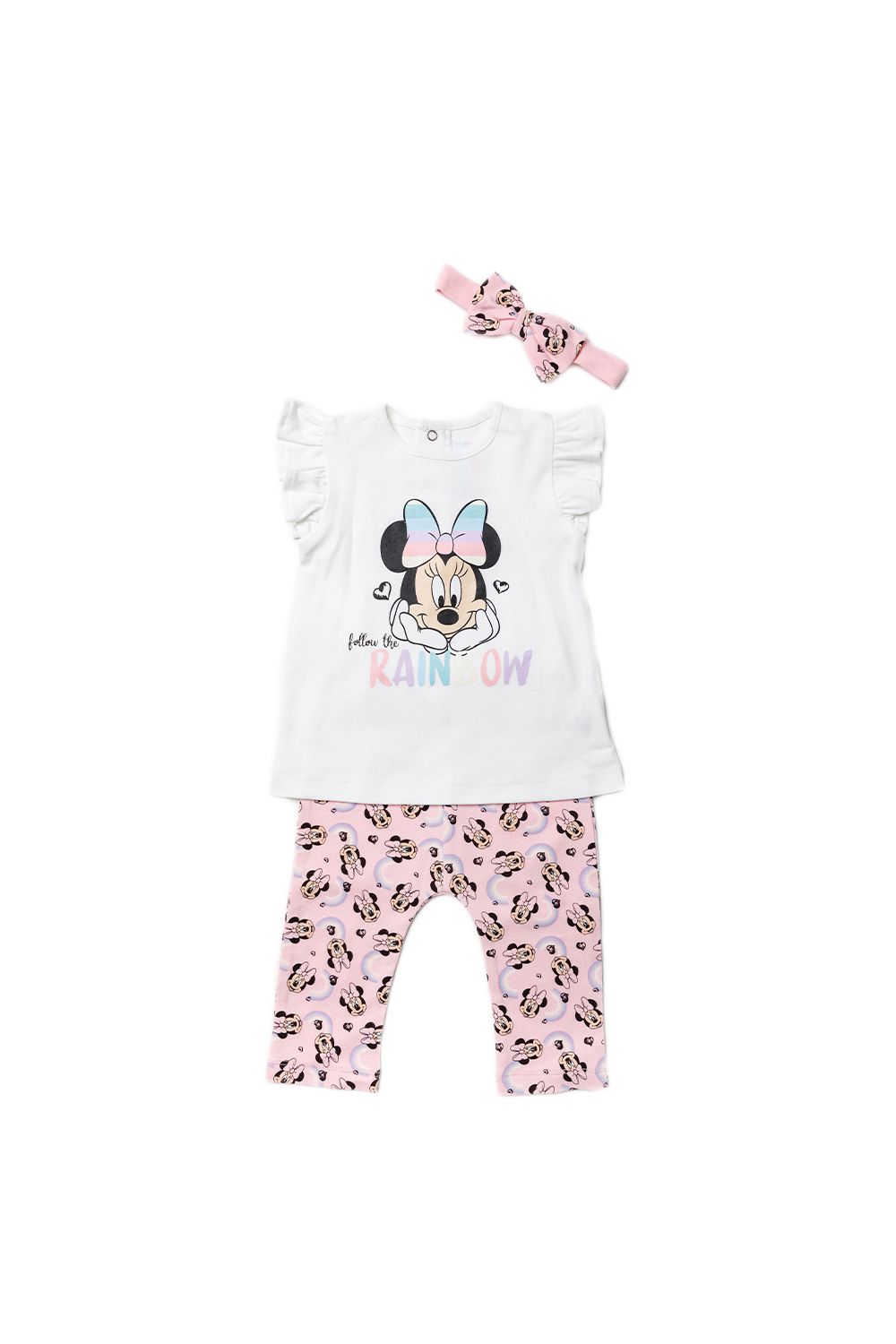 This adorable Disney Baby three-piece set features a rainbow themed Minnie Mouse print. The set includes a printed t-shirt, a pair of baby-pink, all-over print leggings and a matching headband! Each item in the set is cotton, keeping your little one comfortable. This would be a lovely gift or addition to your little ones wardrobe!